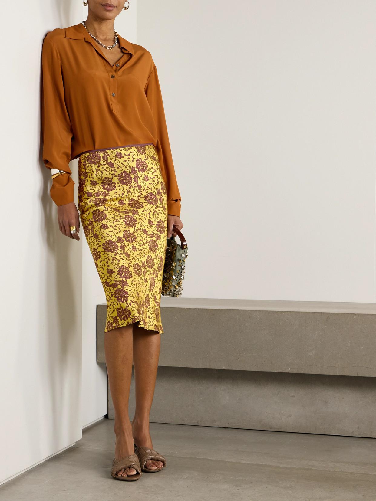 【DRIES VAN NOTEN】satin-jacquard スカート Dries Van Noten Satin-Jacquard Midi Skirt in Yellow | Lyst