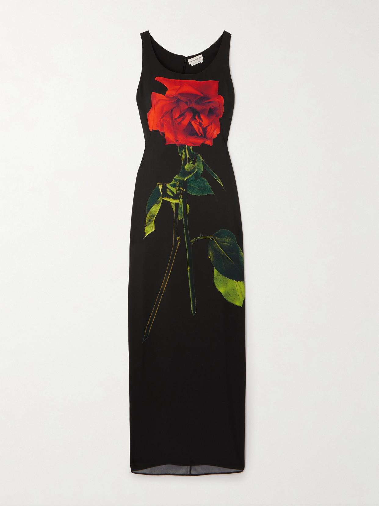 McQueen Rose-Print Silk-Georgette Maxi Dress in Black Lyst UK