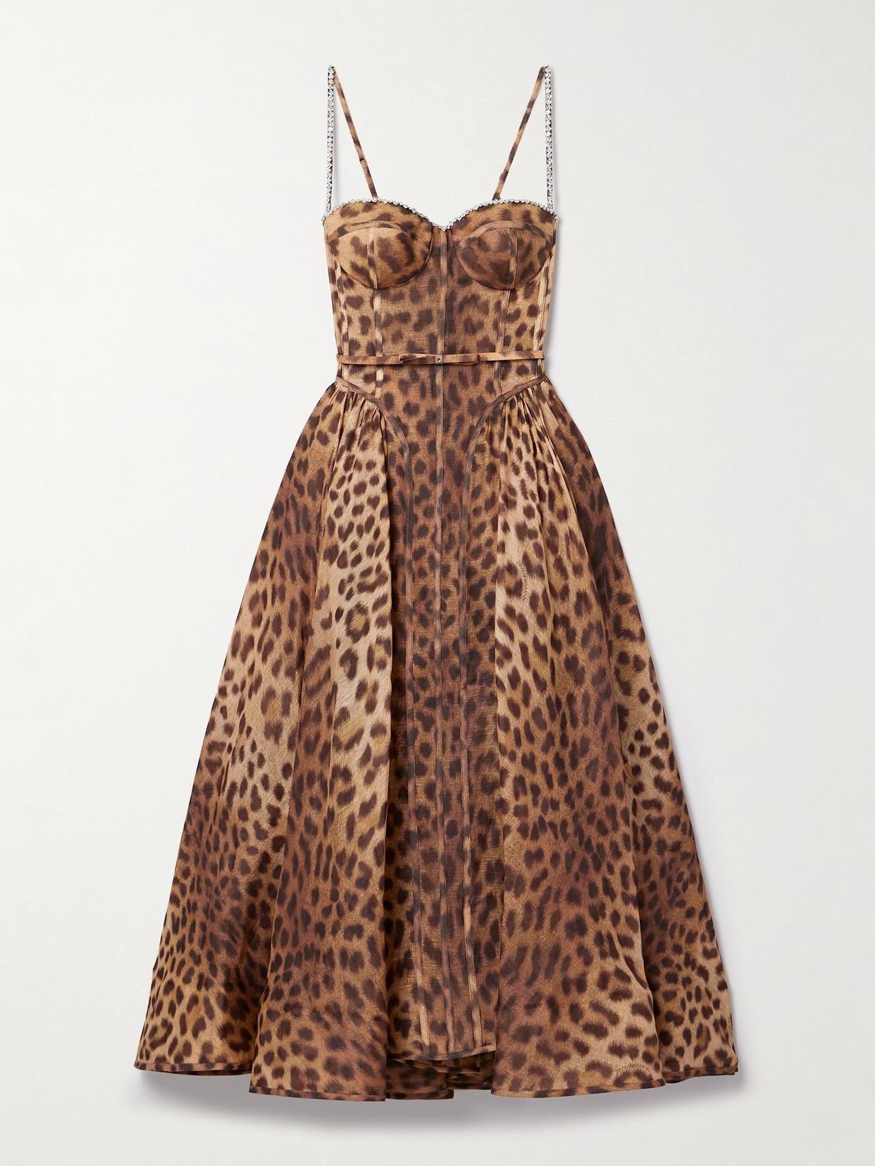 Zimmermann Crush Belted Crystal-Embellished Leopard-Print Linen And  Silk-Blend Organza Midi Dress in Brown | Lyst
