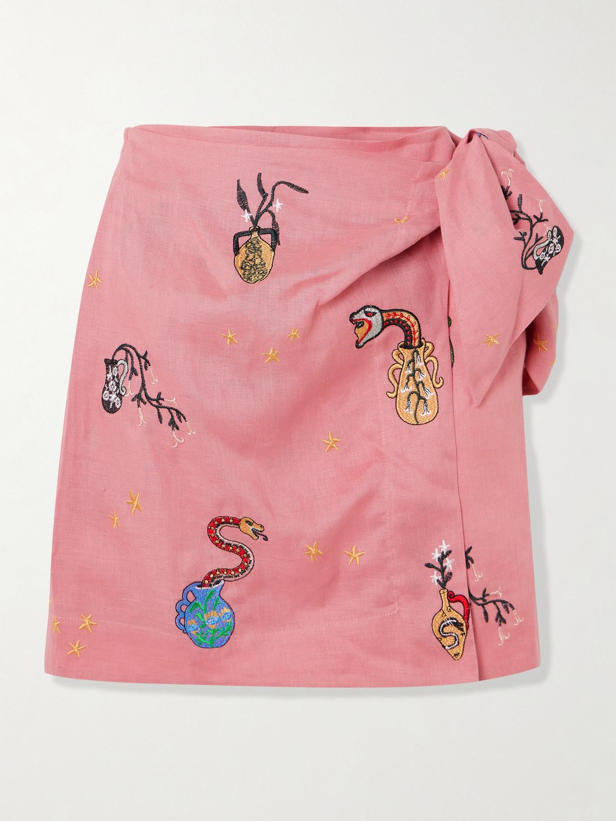 ALMAIS Nadia Hernandez Timmy Wrap-Effect Embroidered Linen Mini Skirt in  Pink | Lyst