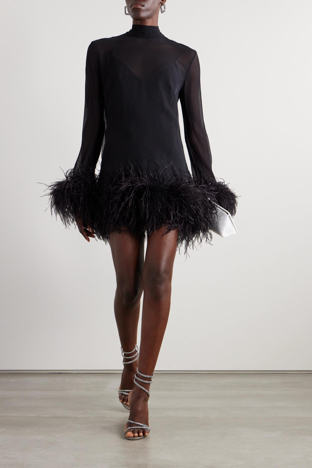 Taller Marmo Ostrich Feather Gina Midi Dress in Black