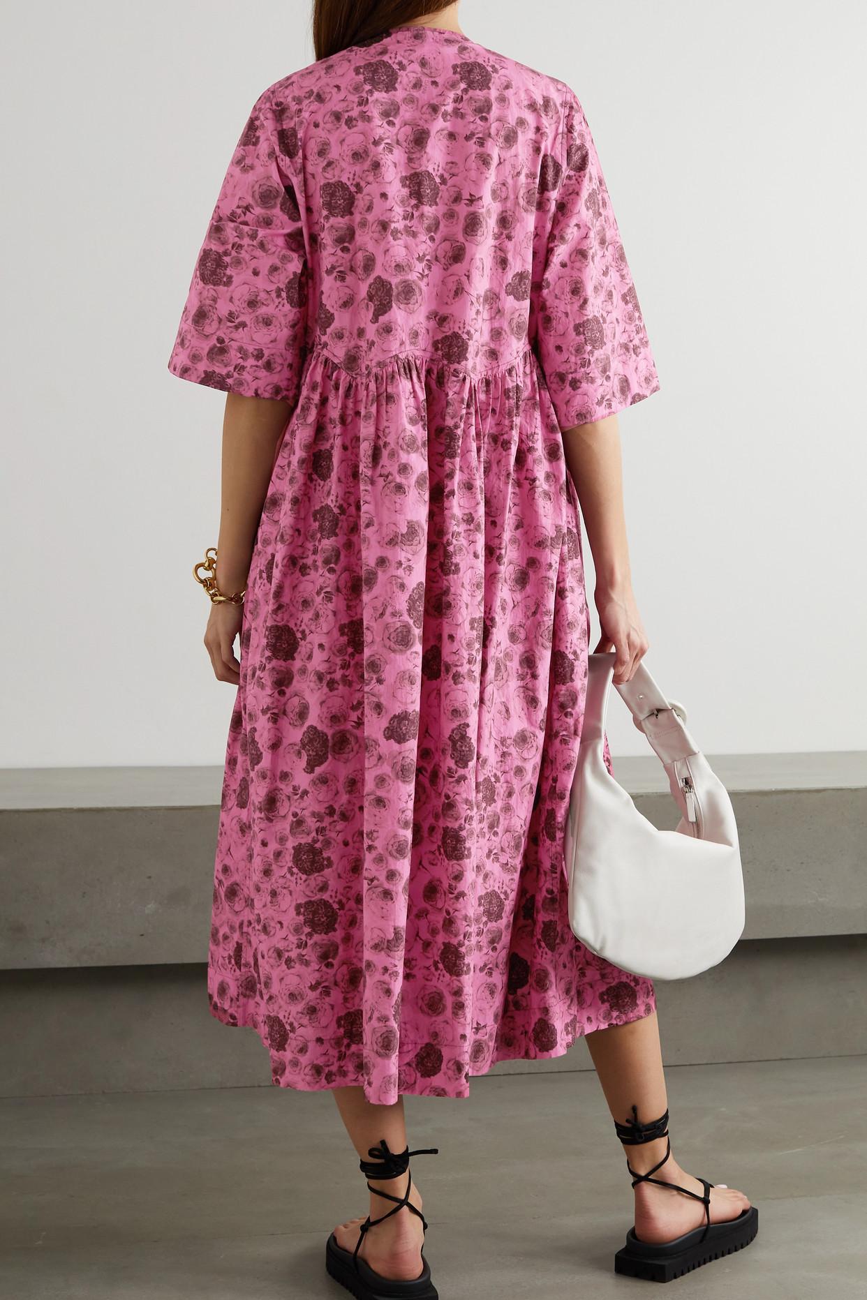 Ganni Floral-print Organic Cotton-poplin Wrap Dress in Pink | Lyst