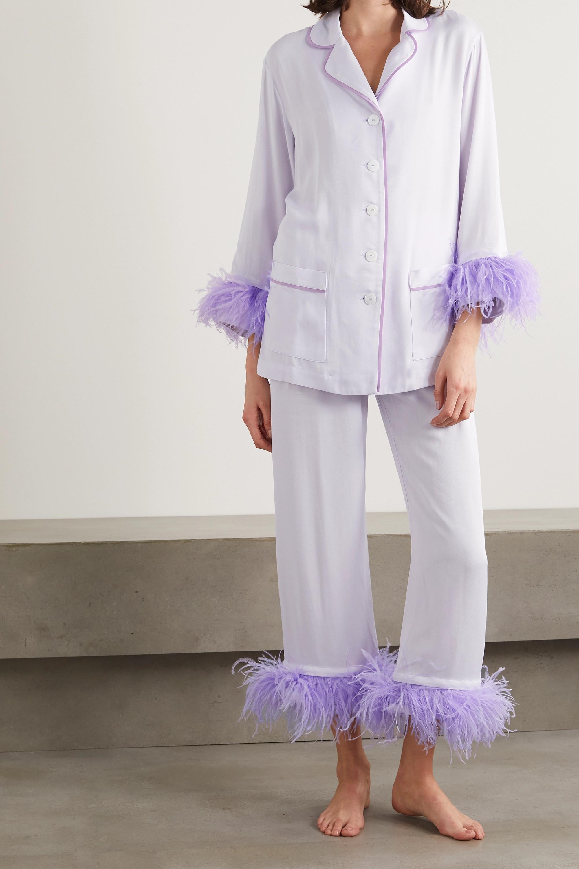 Sleeper Party Feather-trimmed Crepe De Chine Pajama Set in Purple | Lyst  Canada