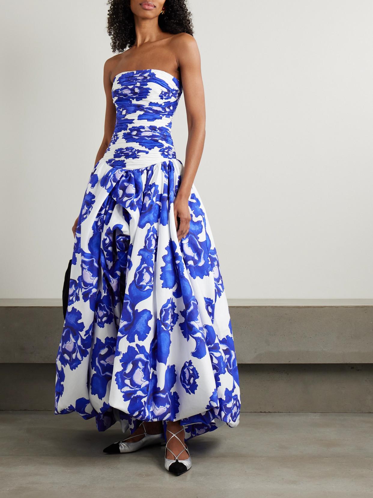 Aje. Behold Strapless Ruched Floral-Print Cotton-Poplin Gown in Blue | Lyst