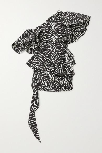 Redemption One-shoulder Ruffled Zebra-print Cotton-blend Dress in Black |  Lyst