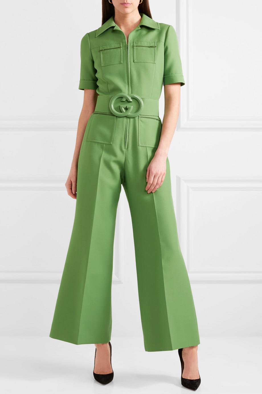 Gucci Wool Silk Belted Jumpsuit in Green | Lyst