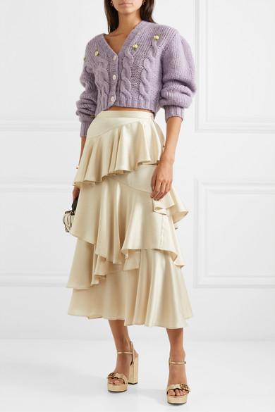 ALEXACHUNG Tiered Ruffled Satin Midi Skirt in Natural | Lyst