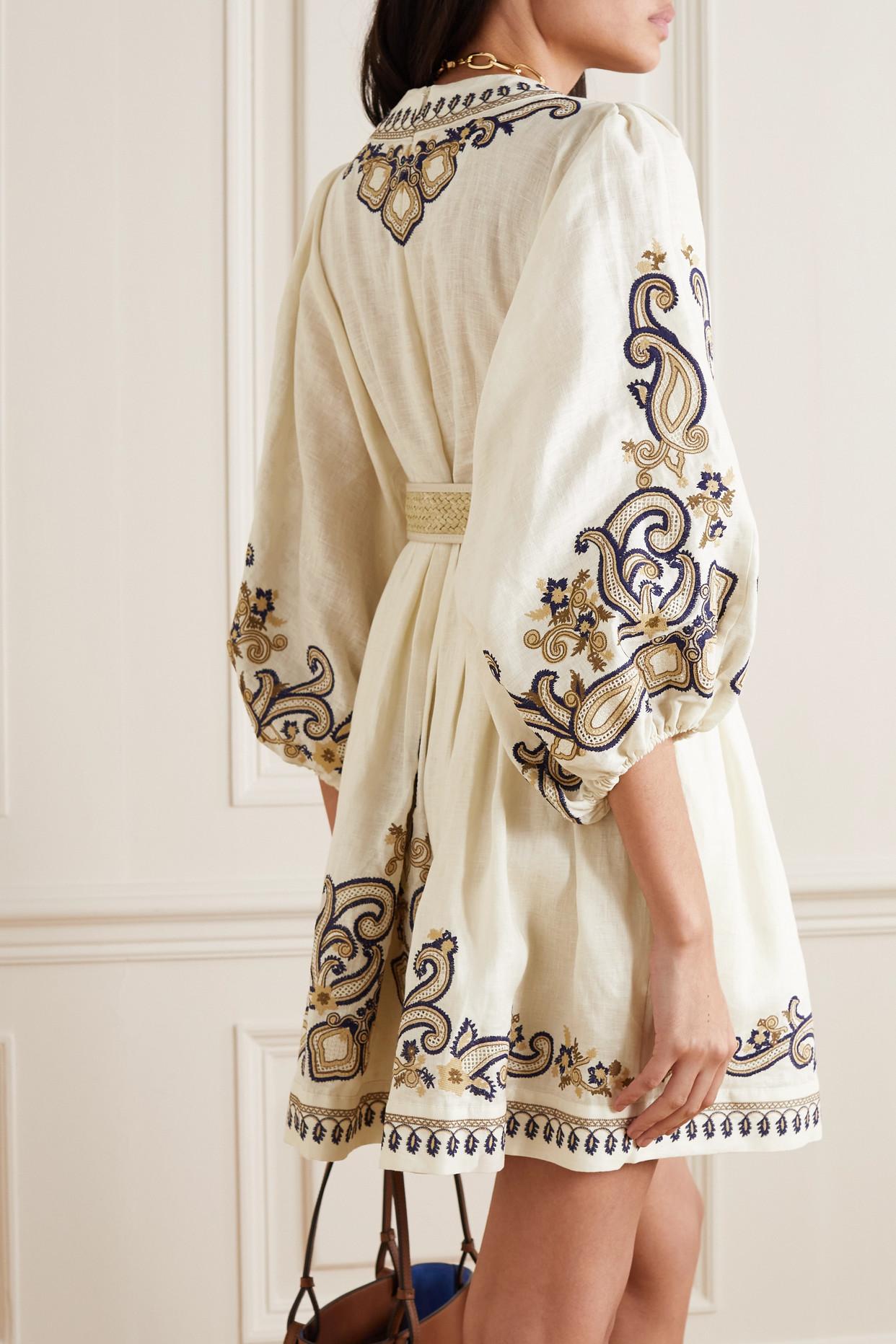 Zimmermann Aliane Belted Embroidered Linen Mini Dress in White | Lyst