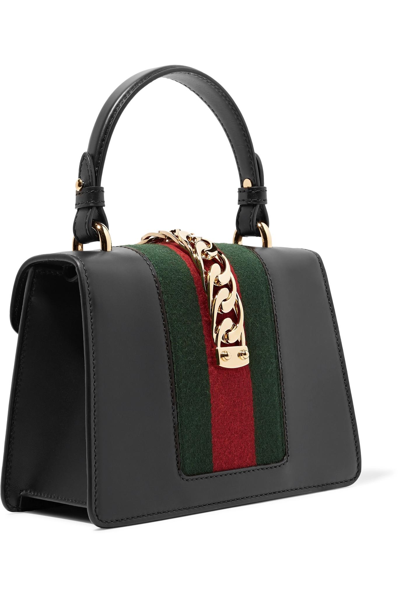 Gucci Sylvie Mini Chain-trimmed Leather And Canvas Shoulder Bag in Black - Lyst