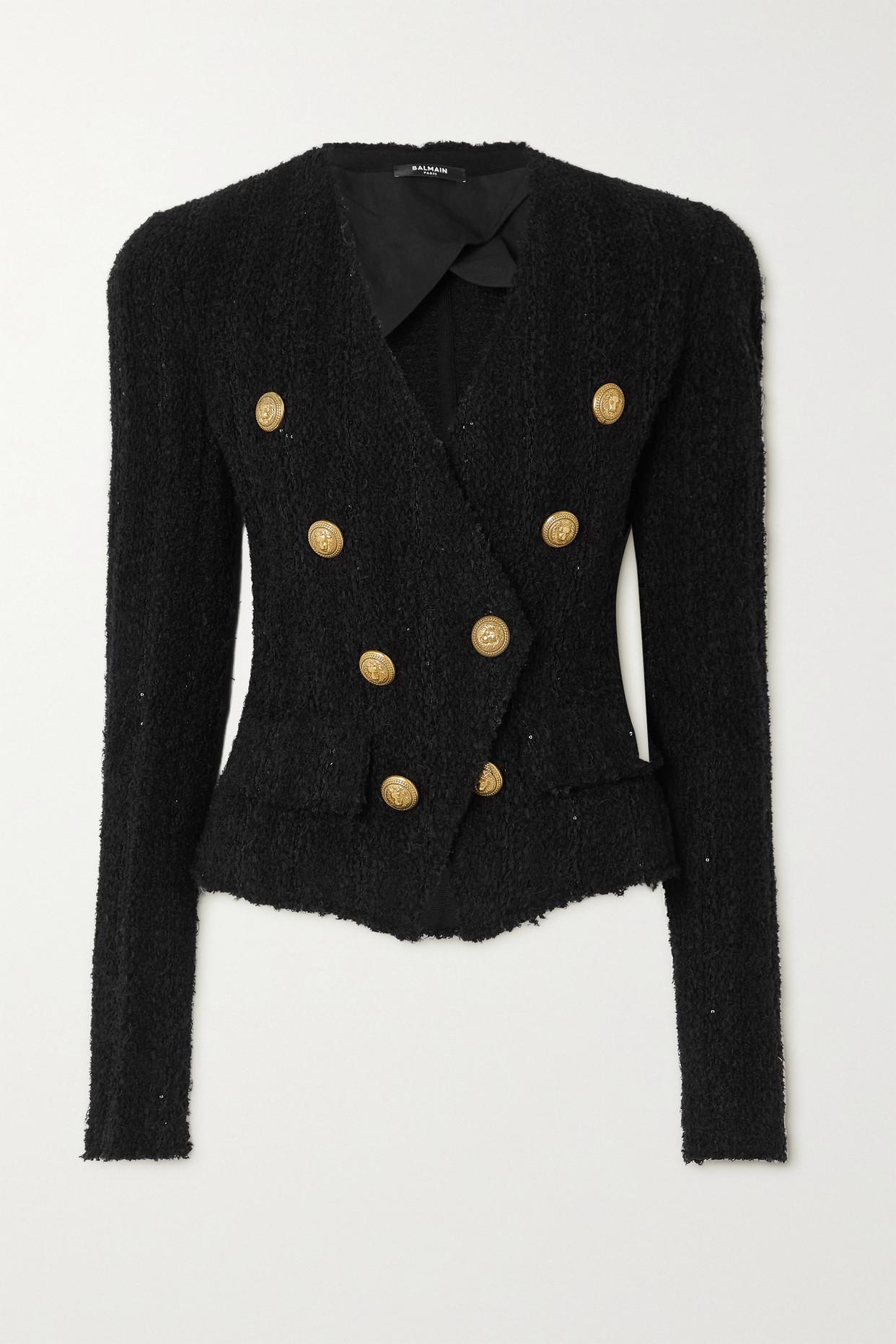Balmain Doublebreasted Sequinembellished Bouclétweed Blazer in Black