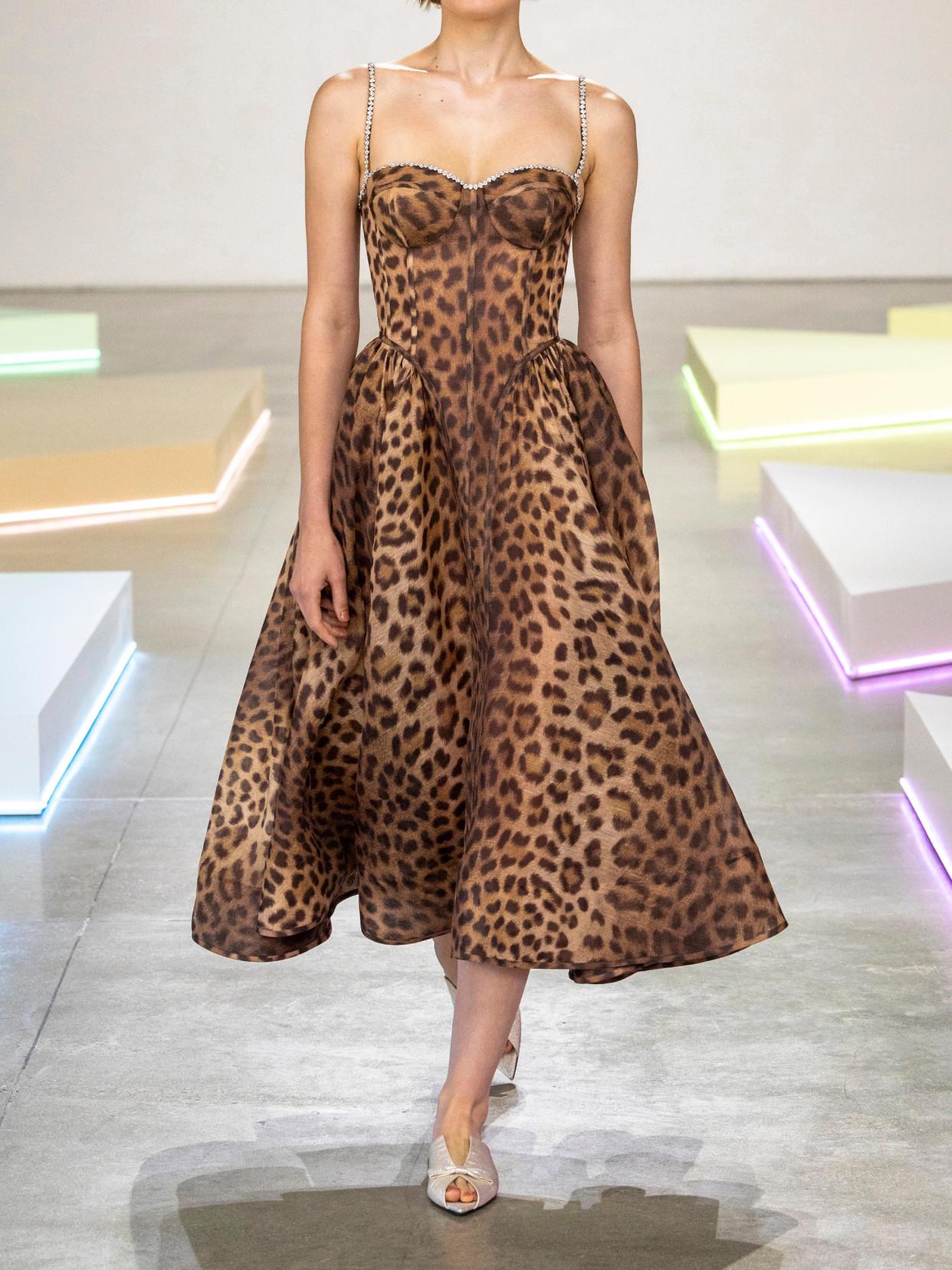 strapless open back dress Davinia Leopard Print Neon Pink Cheesecloth Cotton Dress – south of the  river main image 1