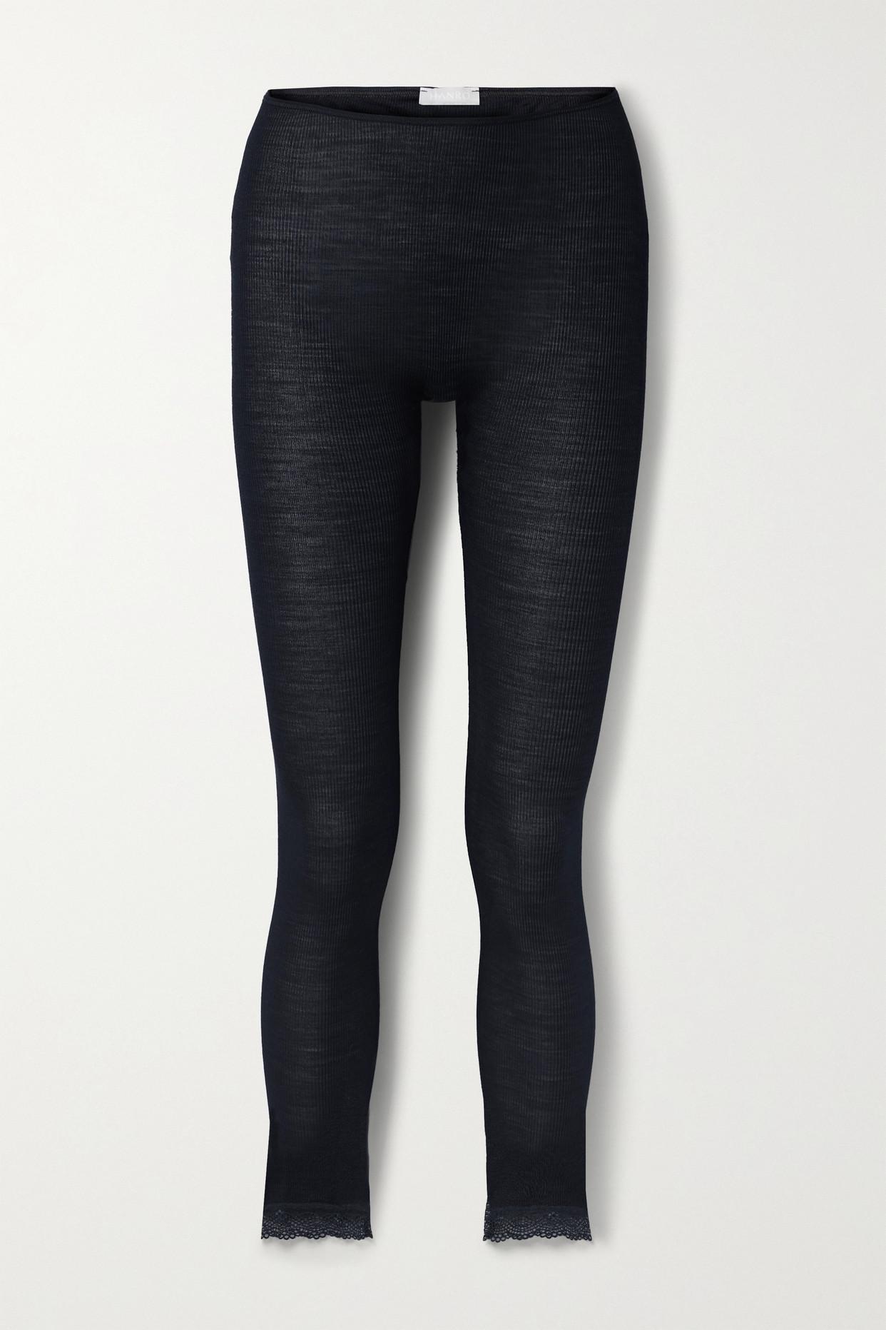 Hanro Lace-trimmed Ribbed Wool And Silk-blend Leggings in Black