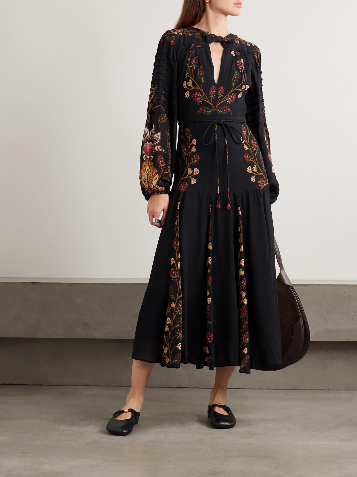 farm rio belted floral print crepe de chine maxi dress FARM Rio Berry Garden Belted Floral-Print Crepe De Chine Midi Dress in  Black