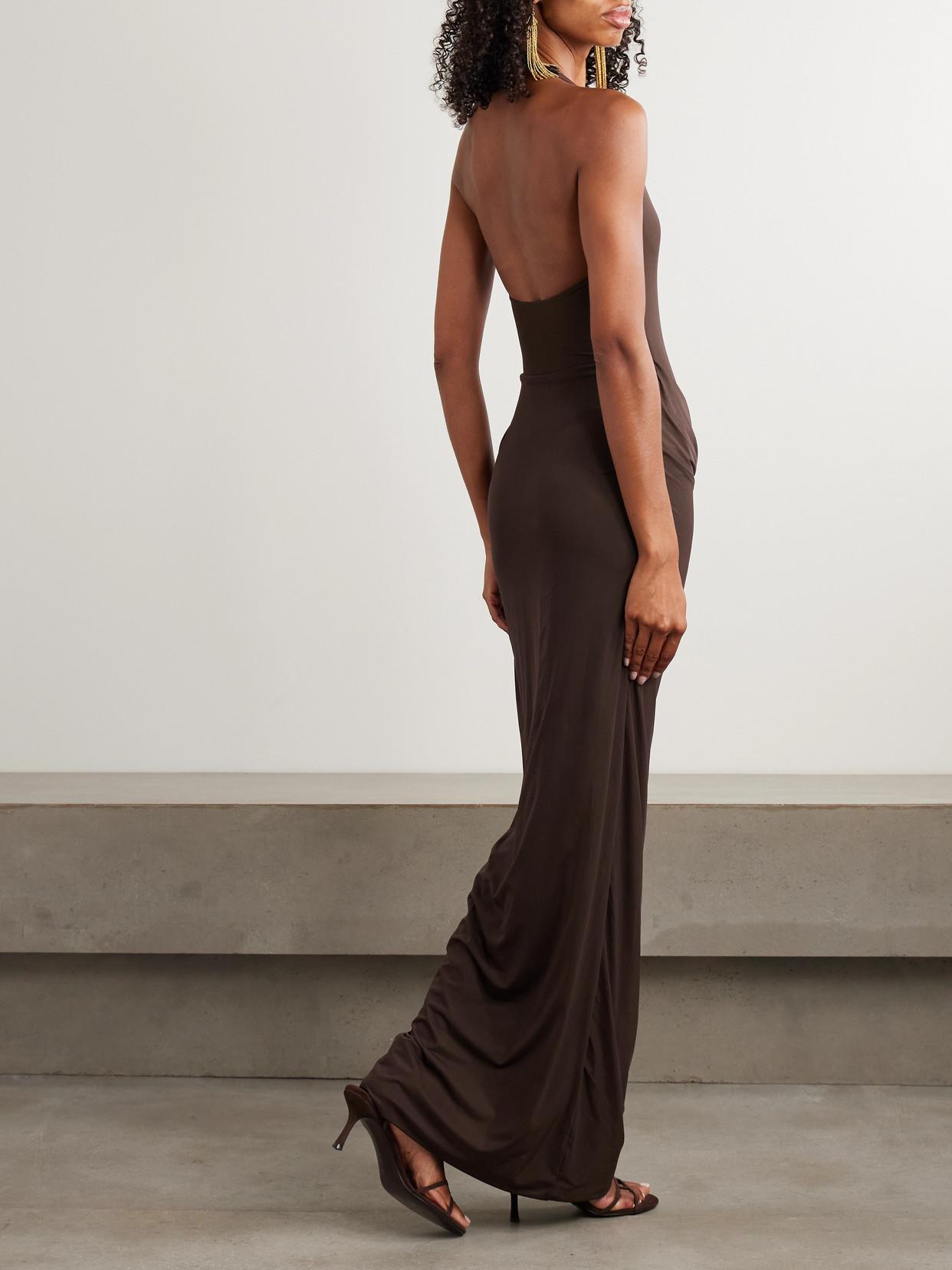 Maygel Coronel Conto Appliqud Draped Stretch-Jersey Maxi Dress in Brown |  Lyst