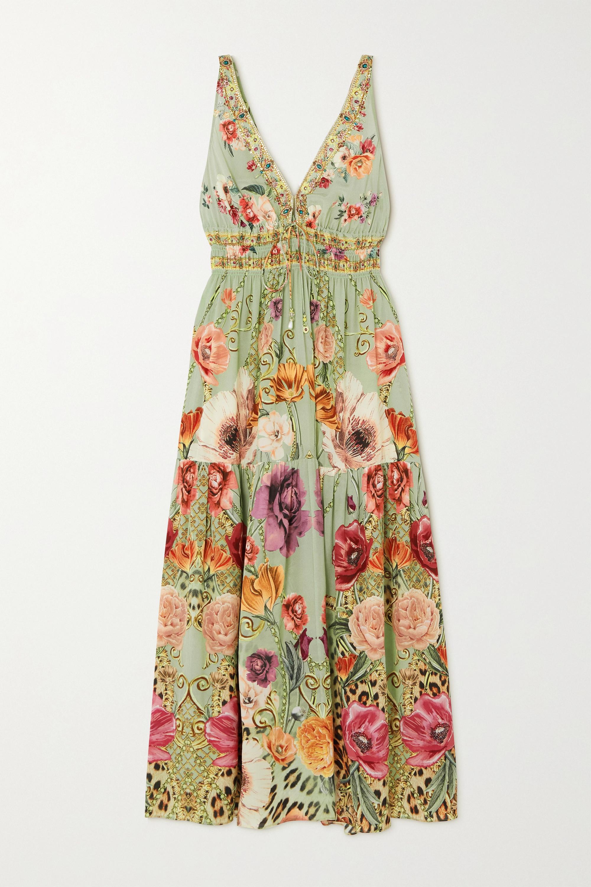 Camilla Crystalembellished Shirred Floralprint Maxi