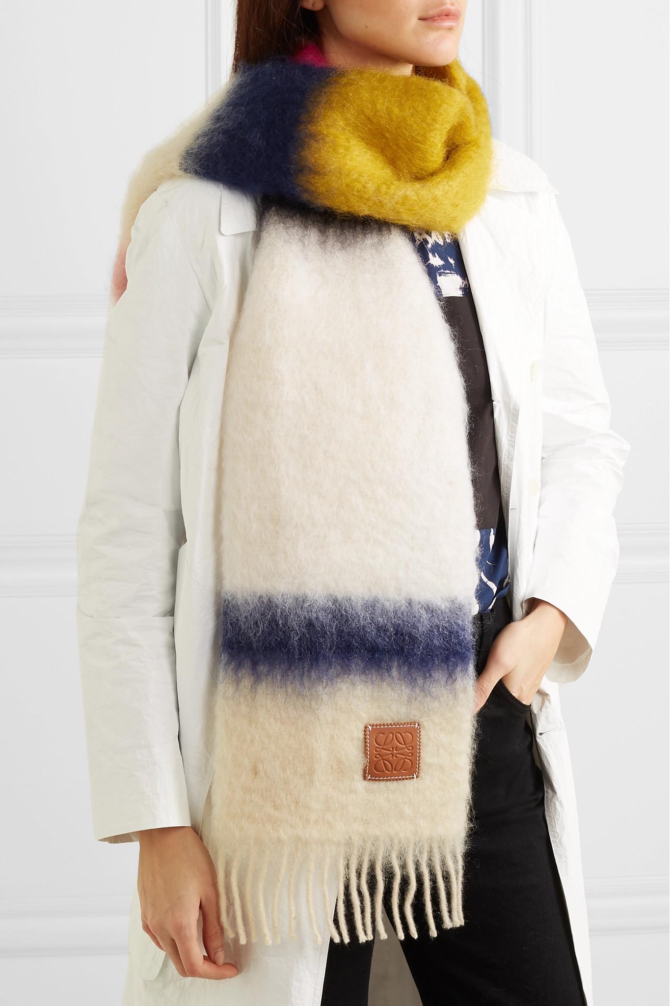 Loewe Striped Fringed Brushed Mohair And Wool-blend Scarf in White 