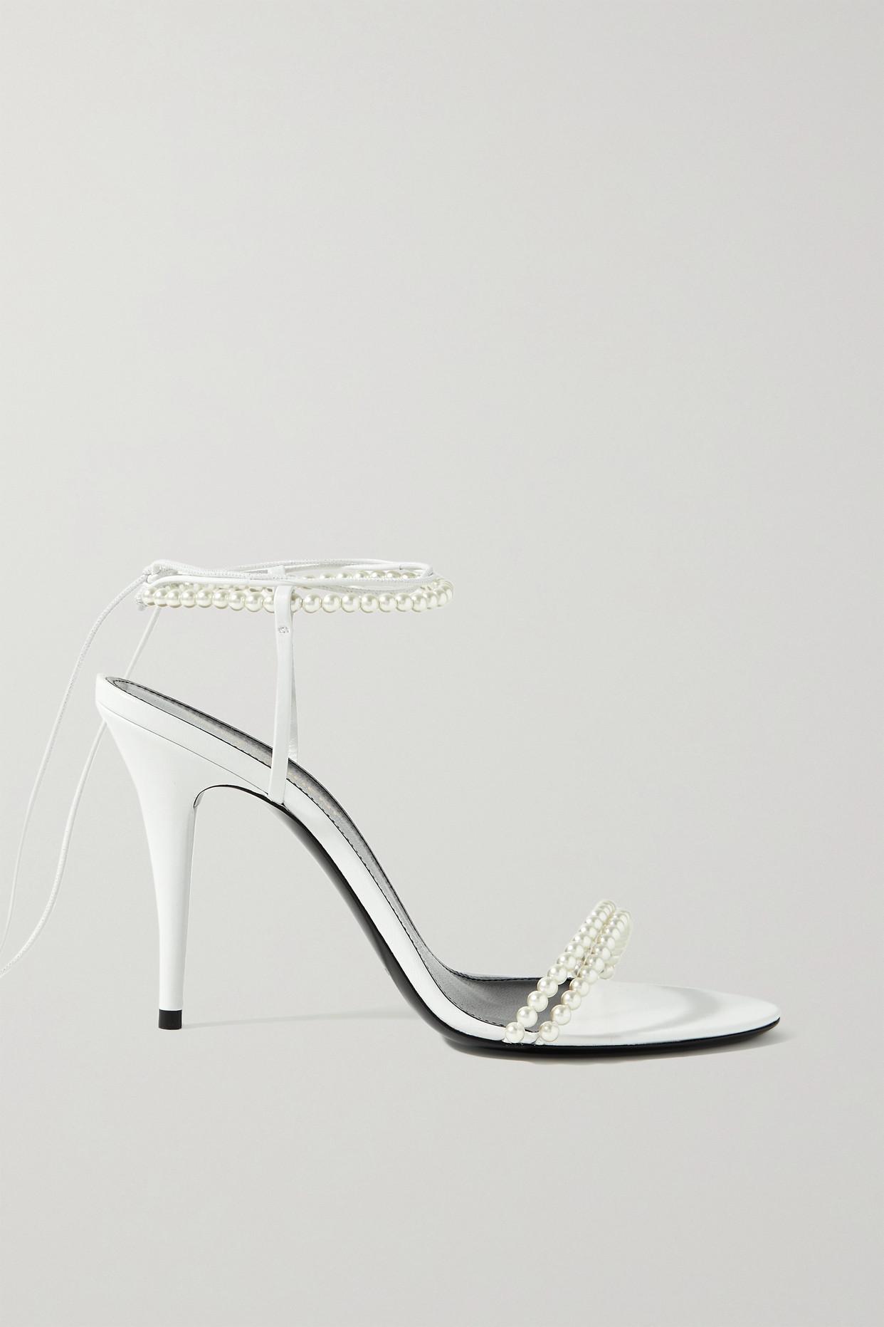 Saint Laurent Luna Faux Pearl-embellished Leather Sandals in White | Lyst