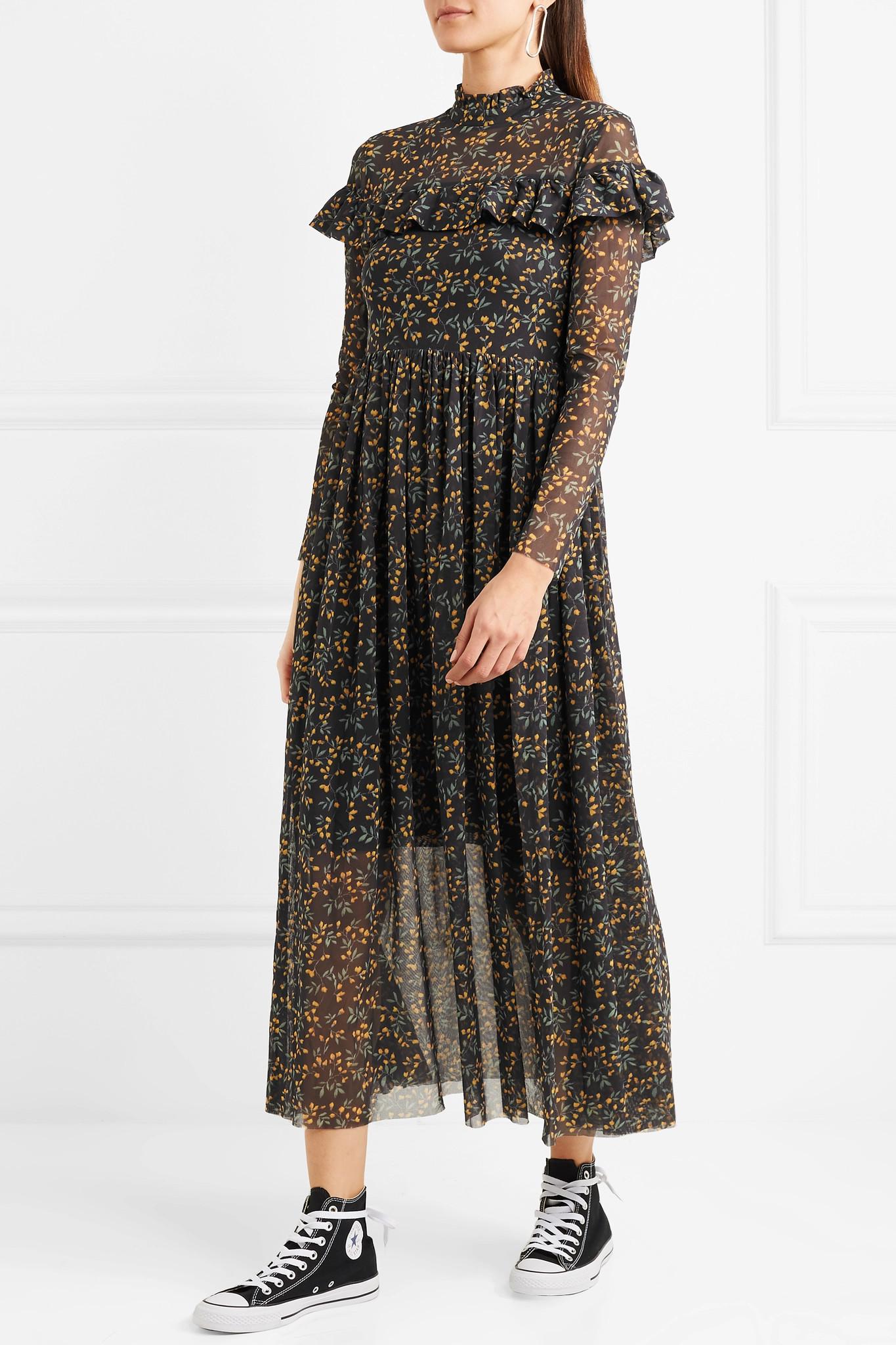 Ganni Tilden Ruffled Floral-print Mesh Maxi Dress in Black - Lyst