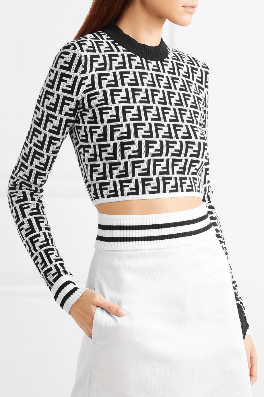 Fendi Grosgrain-trimmed Cropped Jacquard-knit Top in Black | Lyst