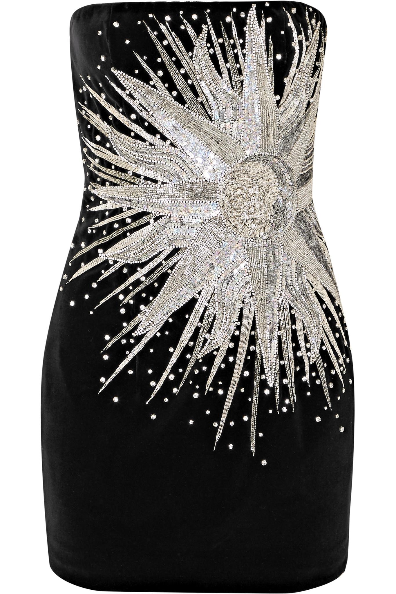 Balmain Strapless Embellished Cotton-velvet Mini Dress in Black | Lyst