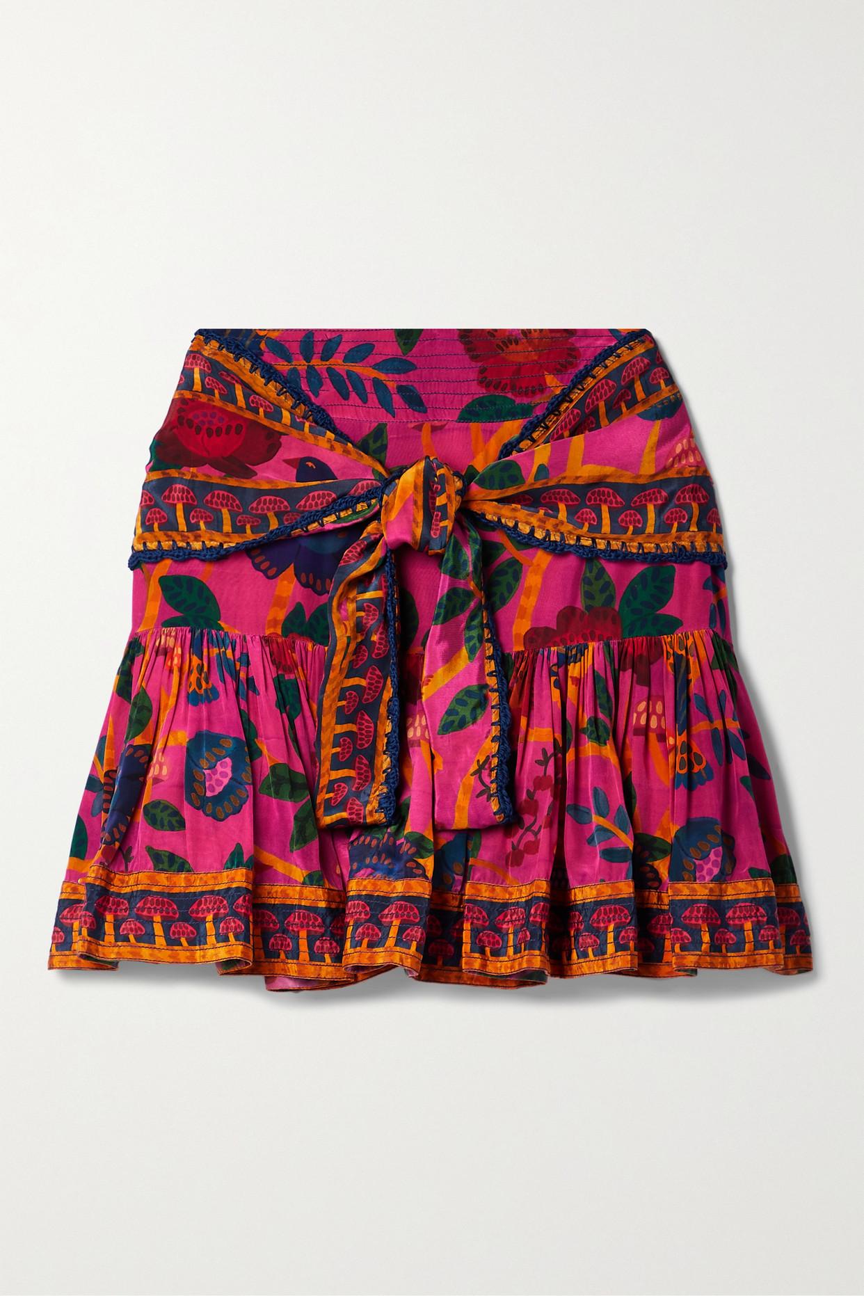 FARM Rio Ruffled Crochet-trimmed Printed Voile Mini Skirt in Red | Lyst