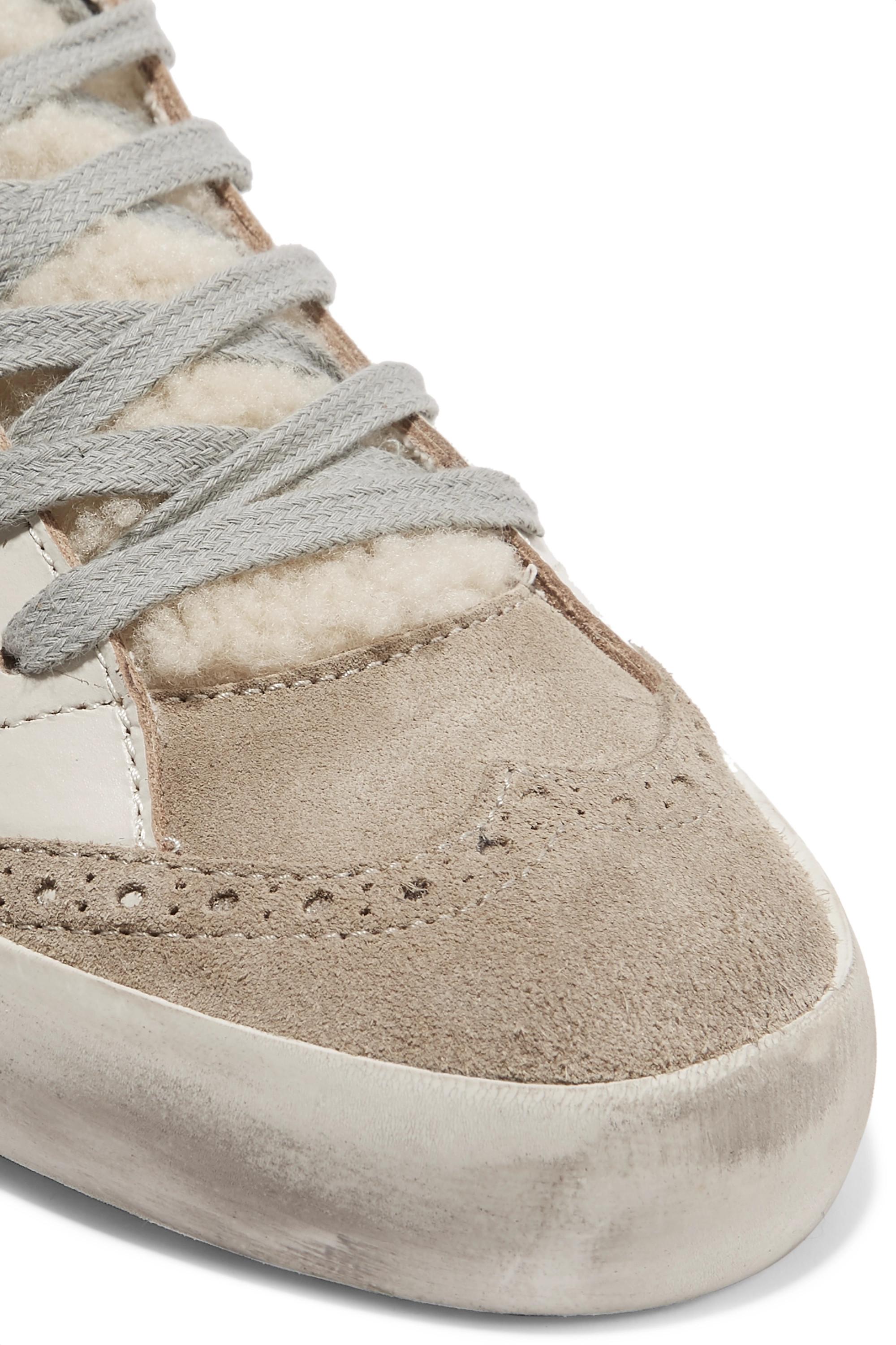 Golden Goose Mid Star Distressed Leather, Suede And Shearling Sneakers in  Natural | Lyst