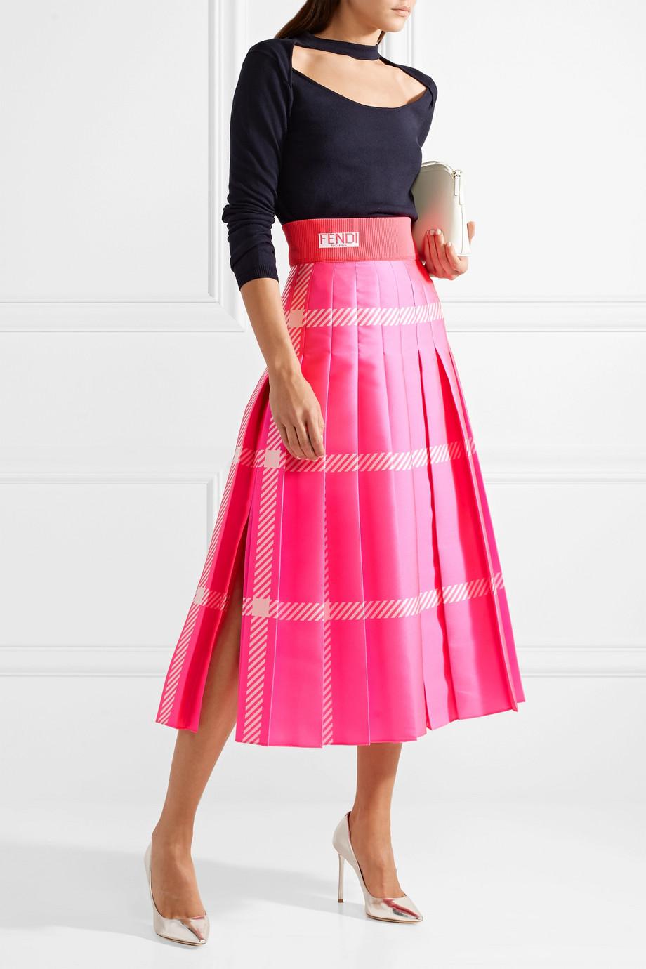 Fendi Pleated Checked Jacquard Midi Skirt in Fuchsia (Pink) | Lyst