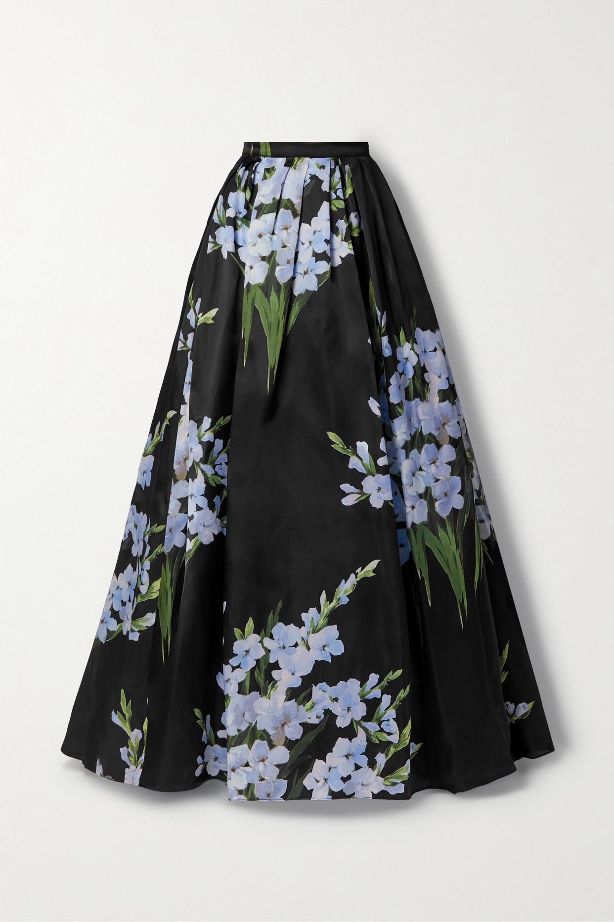 Carolina Herrera Pleated Floral Print Silk Faille Maxi Skirt In Black Lyst