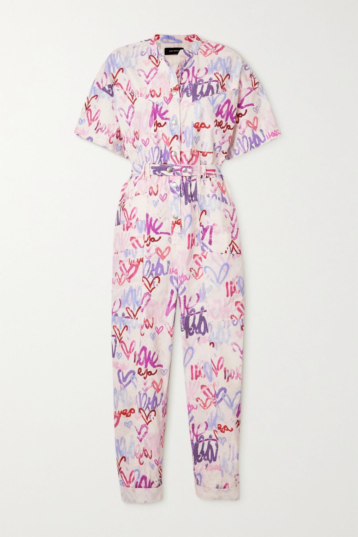 Isabel Marant Etundra Belted Printed Linen-blend Jumpsuit in White | Lyst