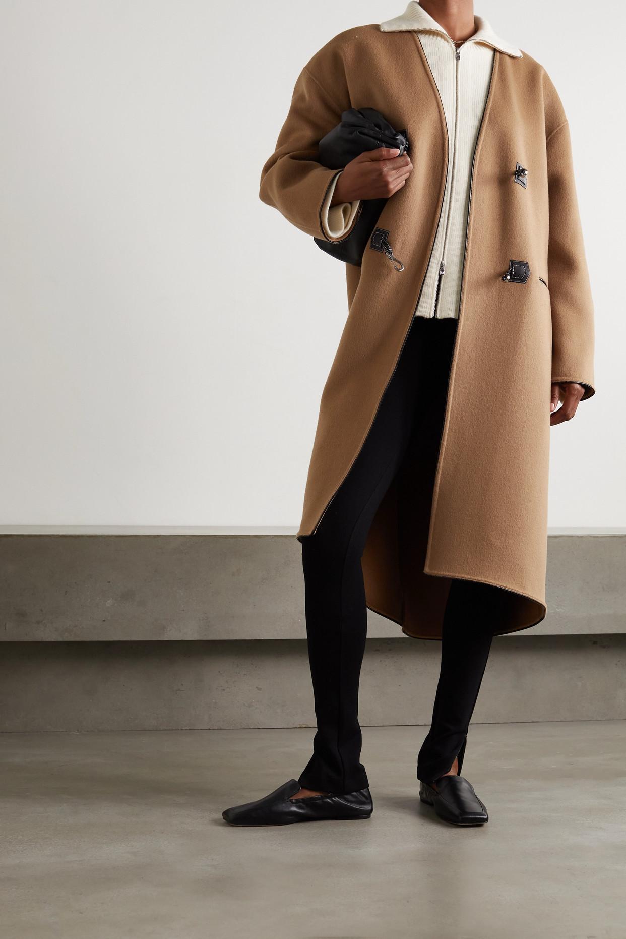 Leather trim wool coat cheap