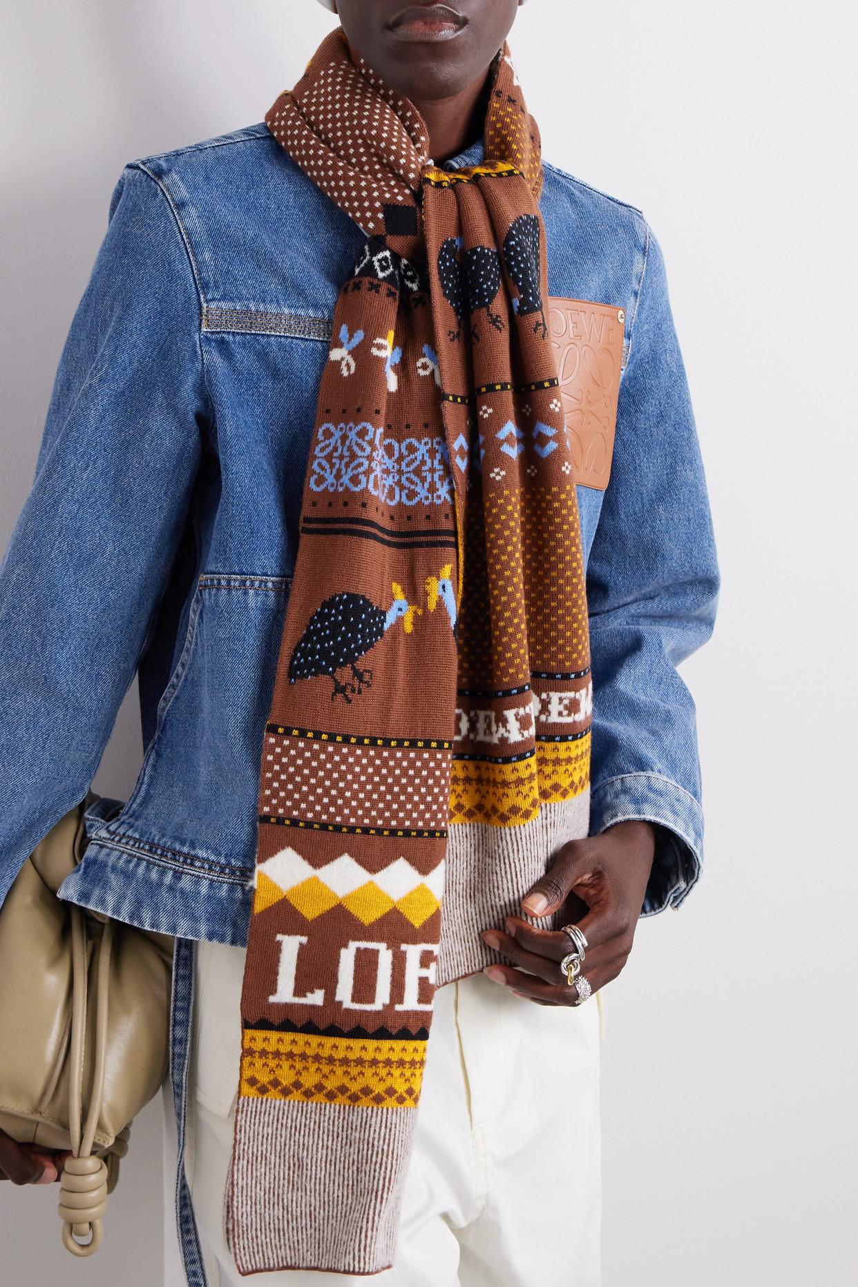 LOEWE Fringed intarsia wool and cashmere-blend scarf