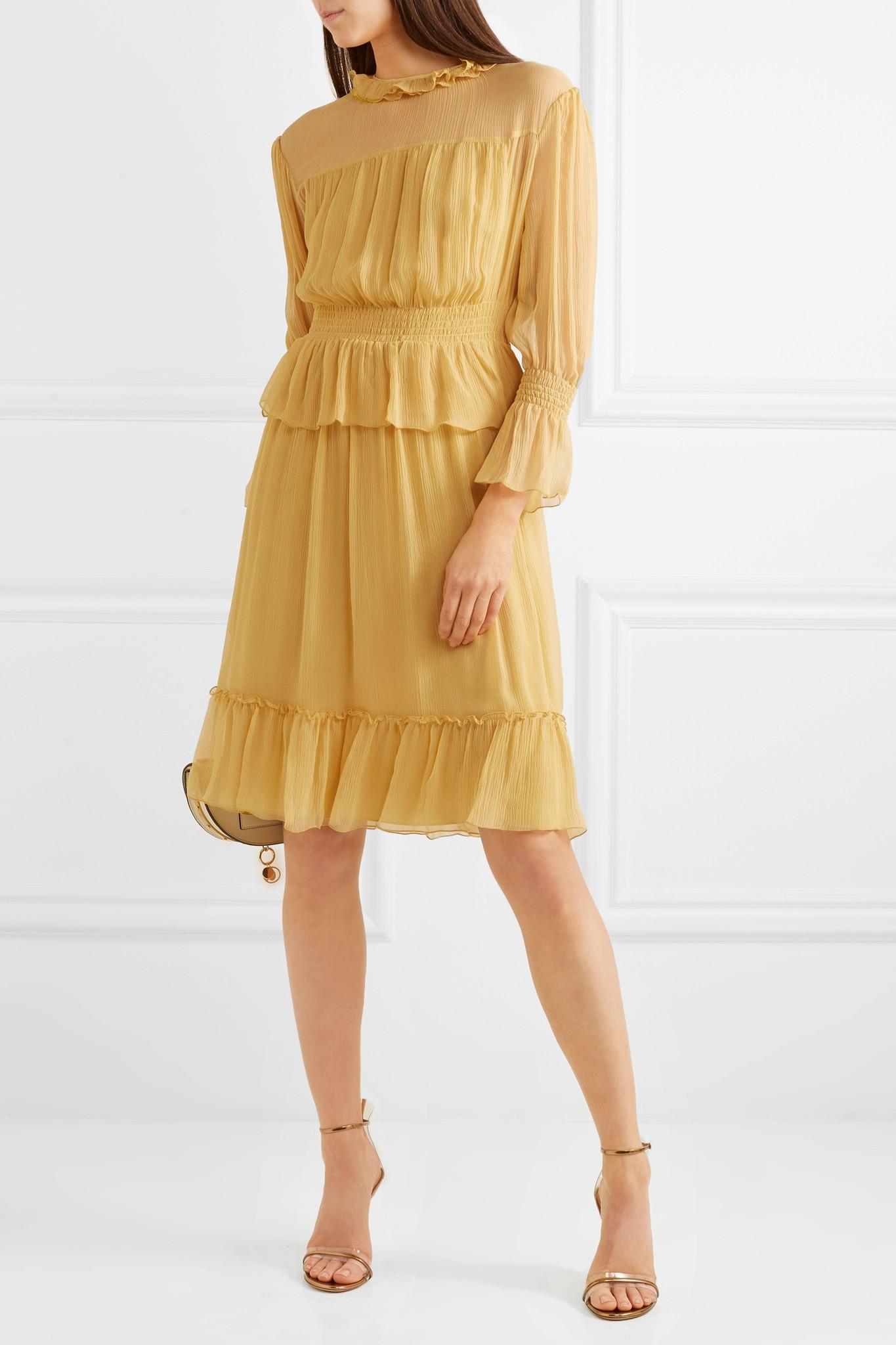 See By Chloé Seide Kleid Aus Seide In Knitteroptik Mit Rüschen in Gelb |  Lyst DE