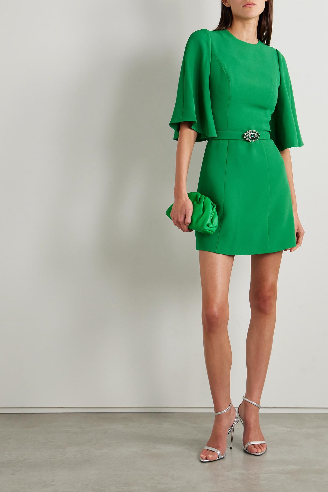 Andrew Gn Cape-effect Belted Crystal And Faux Pearl-embellished Crepe Mini  Dress in Green
