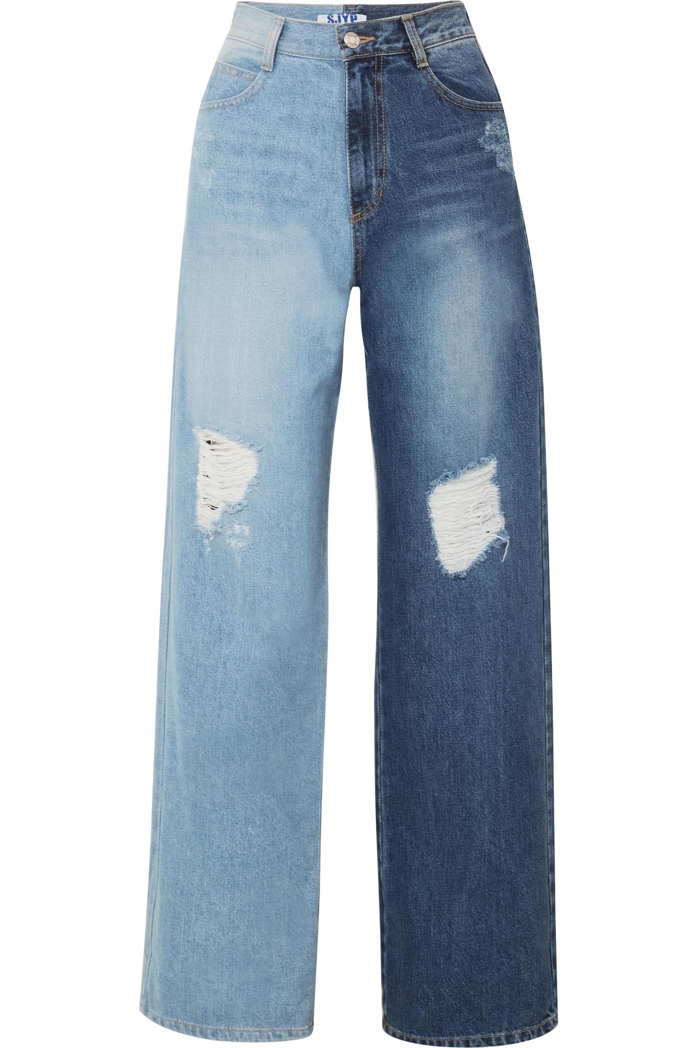 SJYP Denim Two-tone Distressed High-rise Wide-leg Jeans in Mid Denim ...