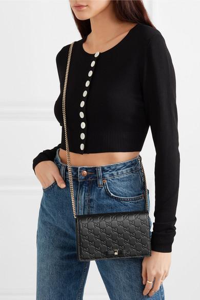 Gucci Denim Bowy Embossed Leather Shoulder Bag in Black - Lyst