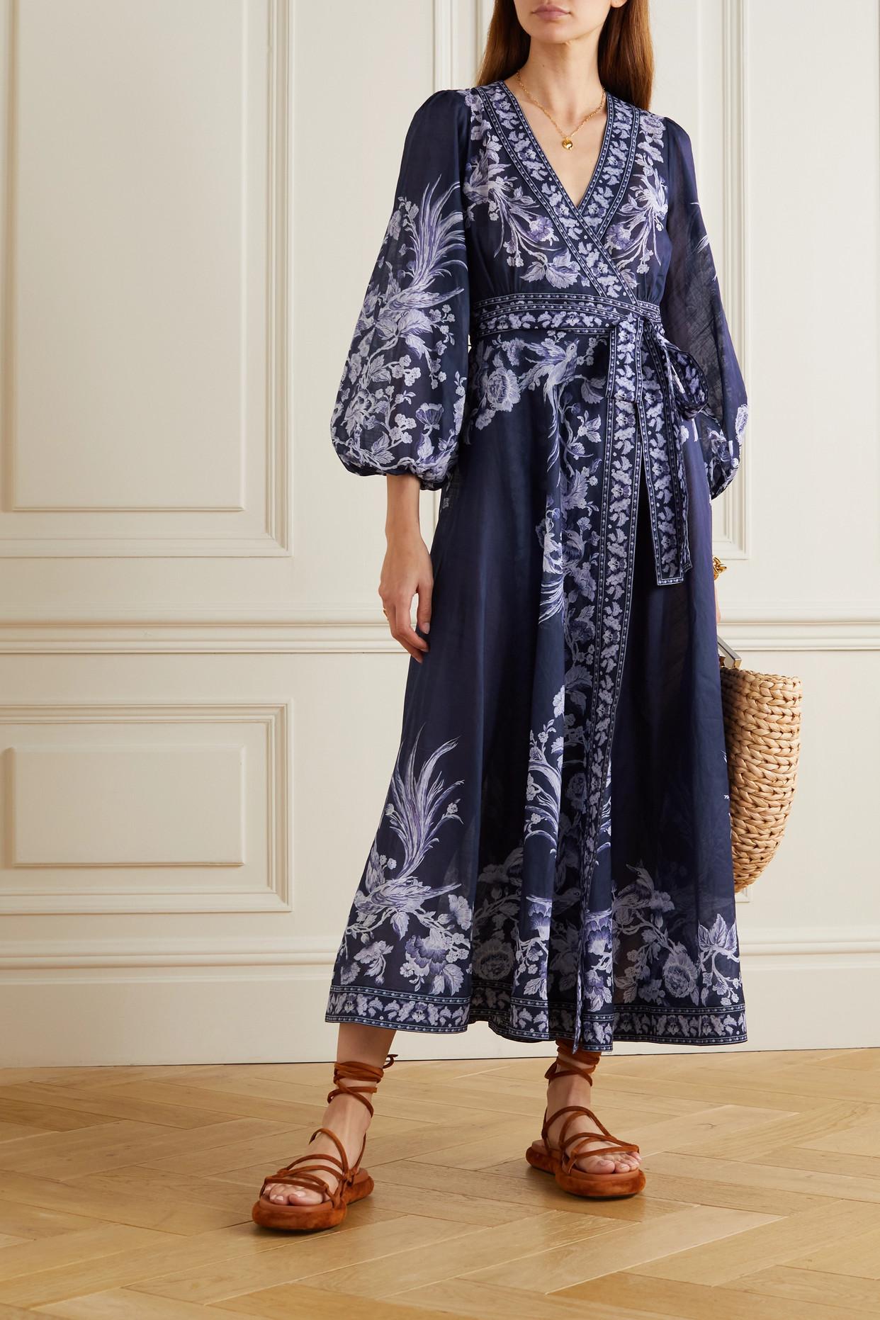 Zimmermann Aliane Floral-print Cotton-gauze Wrap Midi Dress in Blue | Lyst