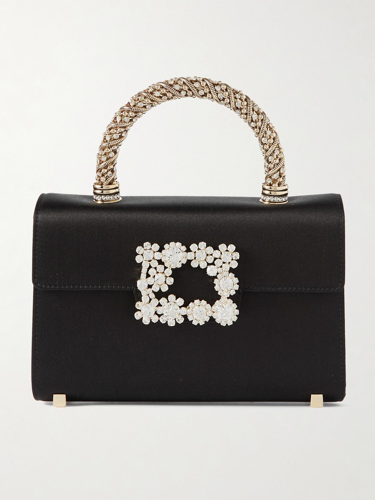 Roger Vivier Flower Crystal-Embellished Satin Clutch in Black | Lyst