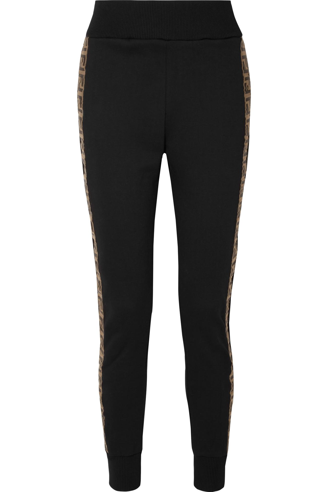 Fendi Jacquard-trimmed Printed Cotton-blend Jersey Track Pants in Black ...