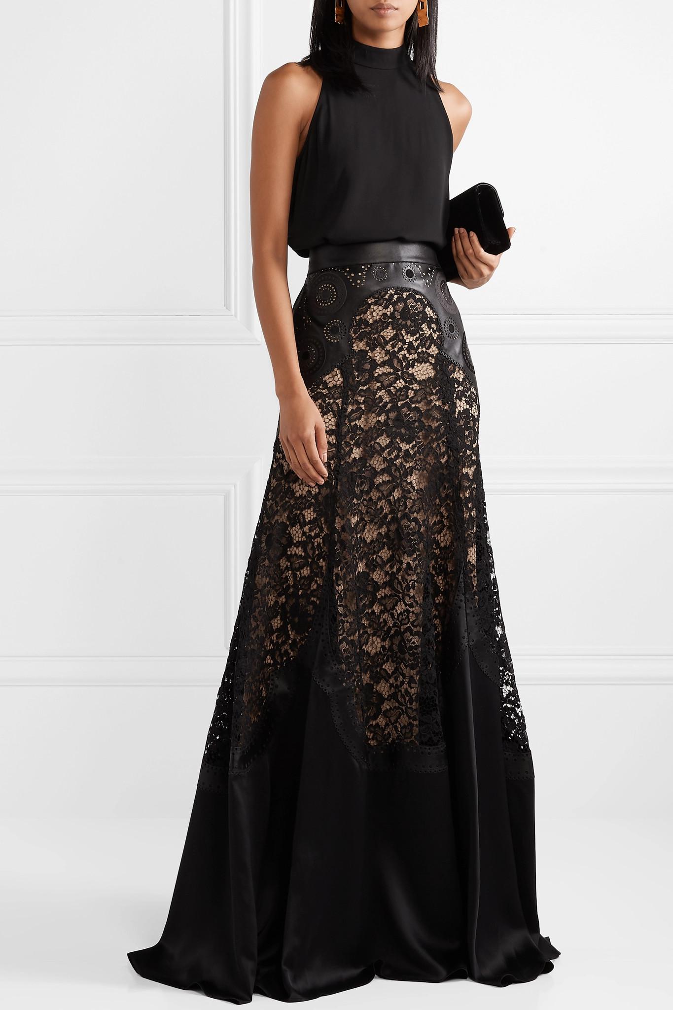 Elie Saab Paneled Laser-cut Satin And Corded Lace Maxi Skirt in Black ...