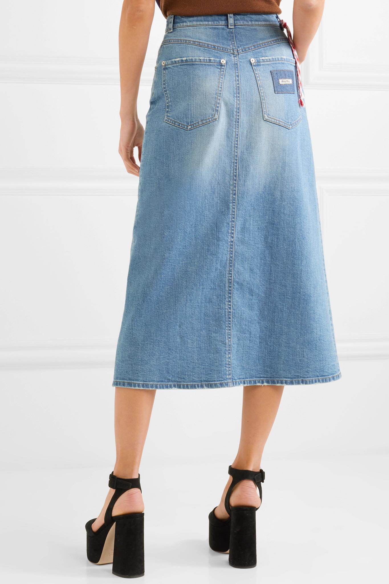 Miu Miu Denim Midi Skirt in Blue - Lyst