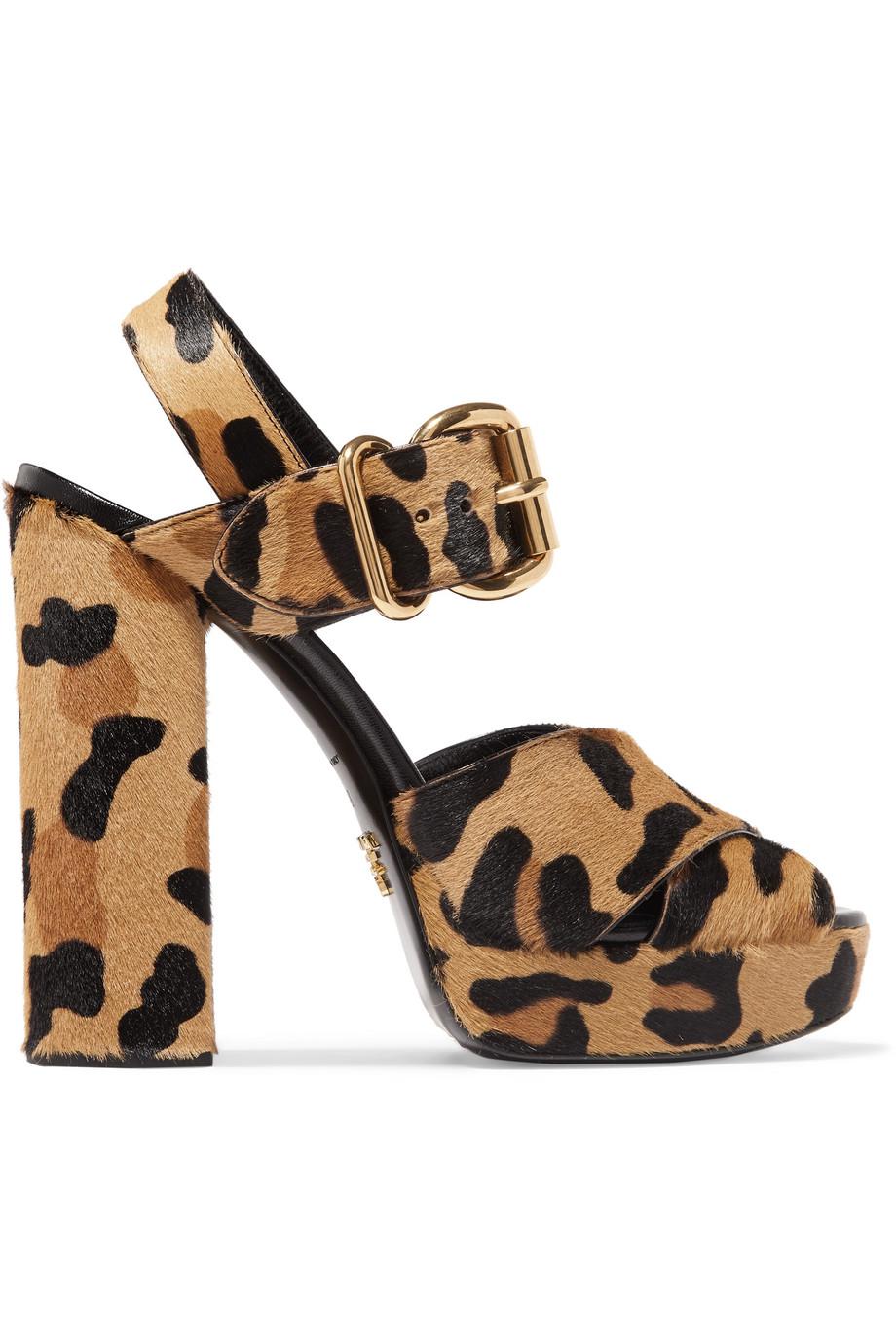 Miniatuur slijm Afwijking Prada Leopard-print Calf Hair Platform Sandals | Lyst