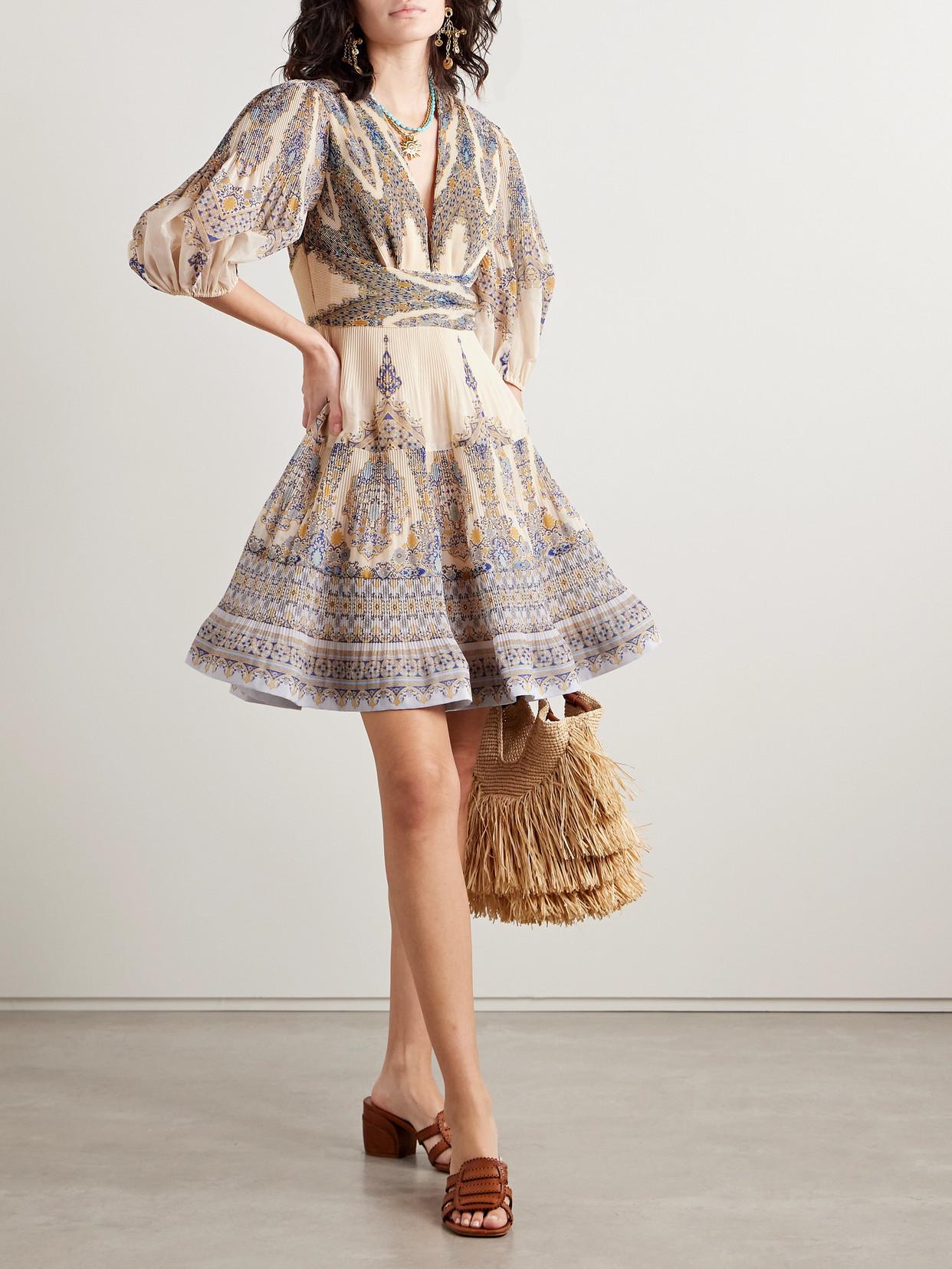 zimmermann plisse short dress Zimmermann Printed Plissé-Organza Mini Dress in Natural