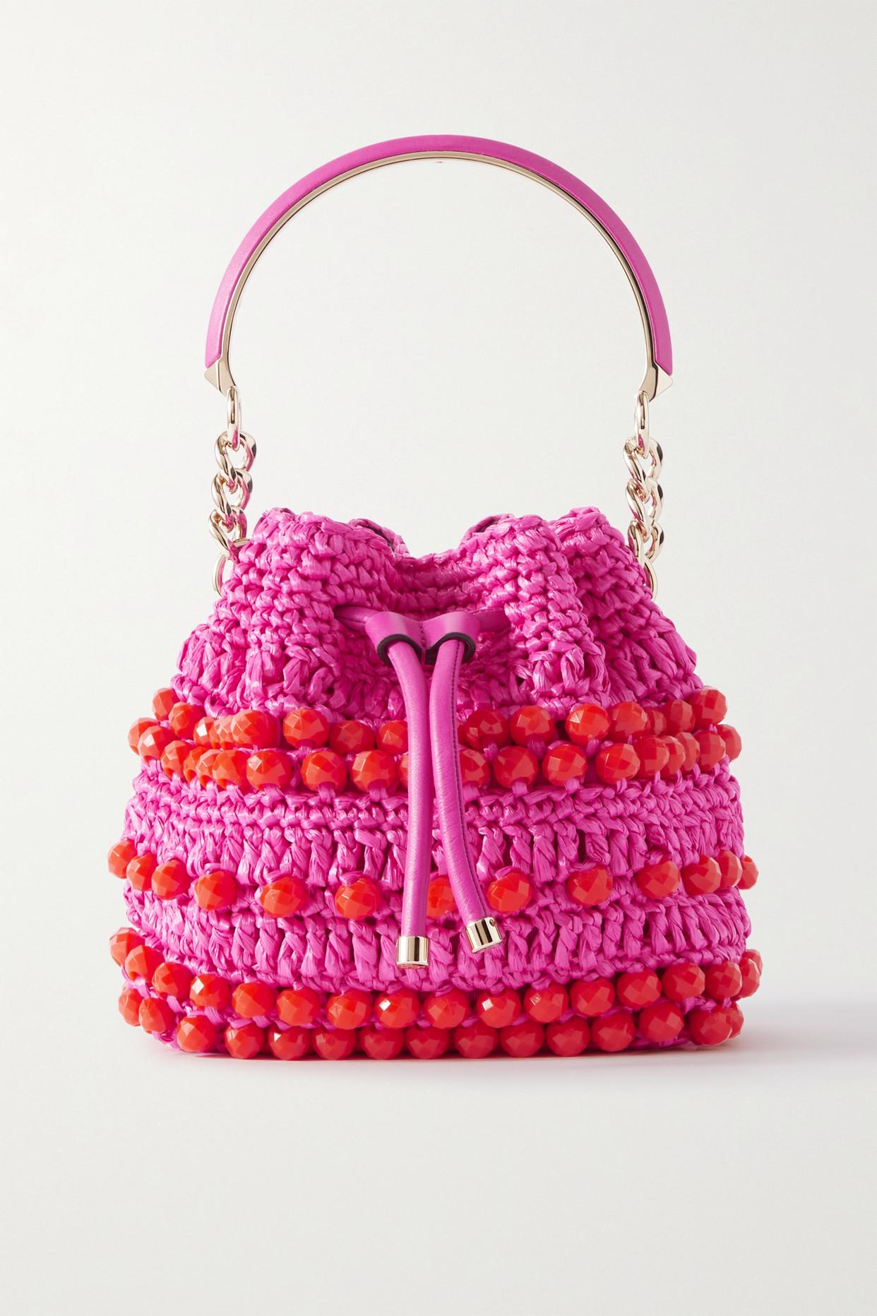 Jimmy Choo Bon Bon Leather-trimmed Bead-embellished Raffia Bucket Bag ...