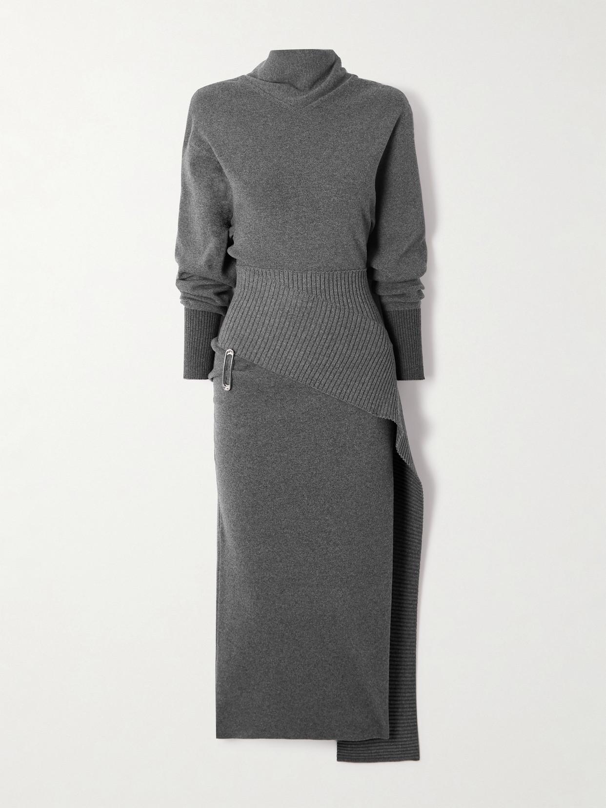 Lanvin Embellished Draped Wool-Blend Turtleneck Midi Dress in Gray | Lyst