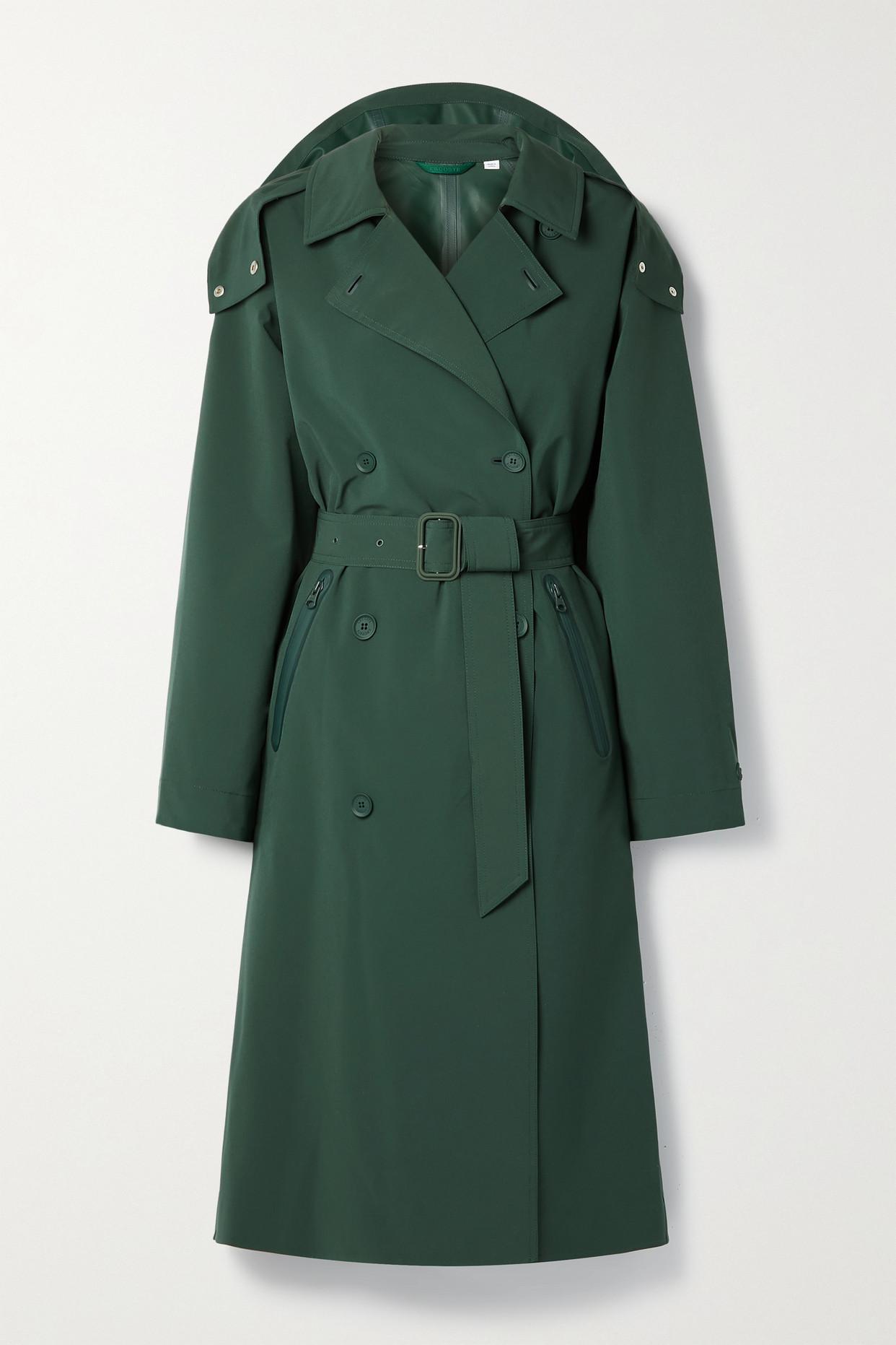 Lacoste Double-breasted Belted Hooded Shell Trench Coat in Green | Lyst