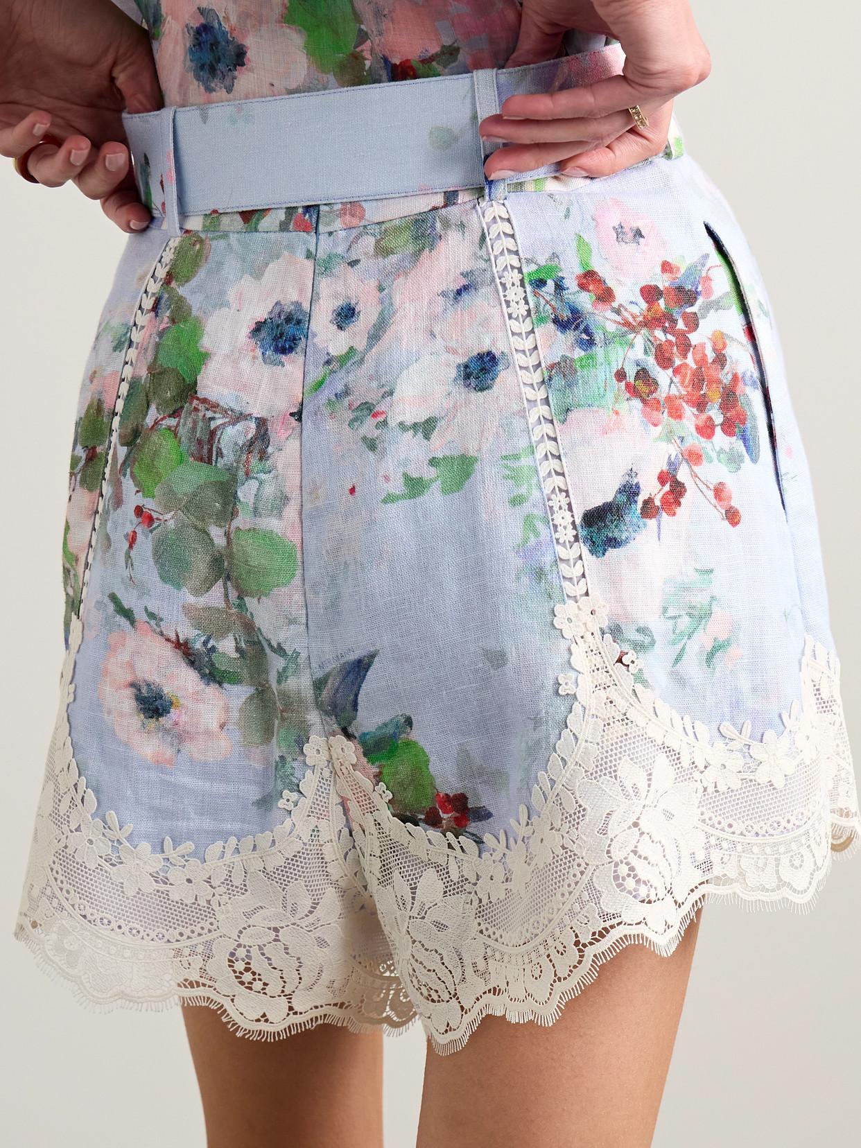 Zimmermann Everley Belted Pleated Lace-Trimmed Floral-Print