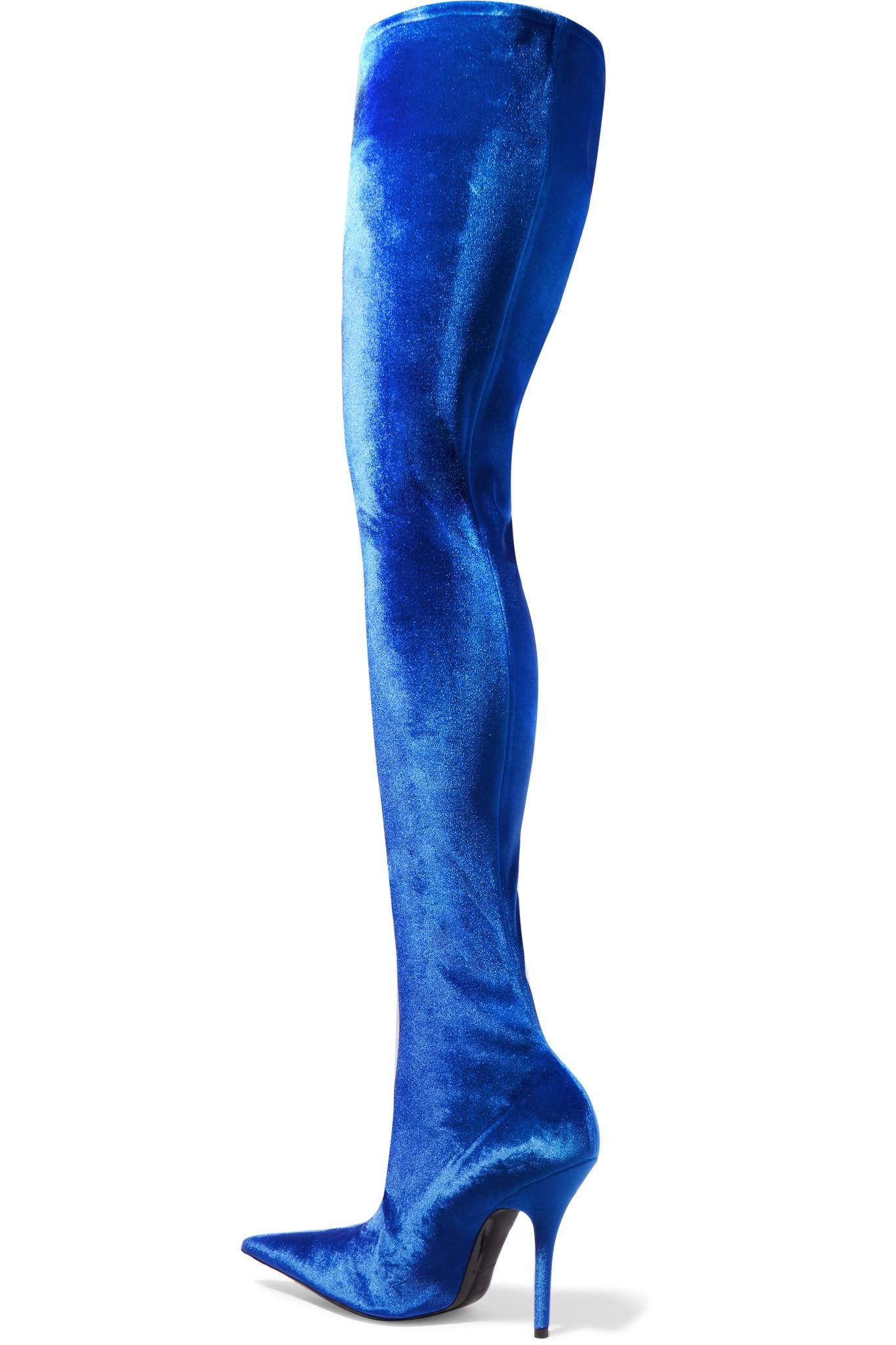 Balenciaga Velvet Thigh Boots in Blue - Lyst