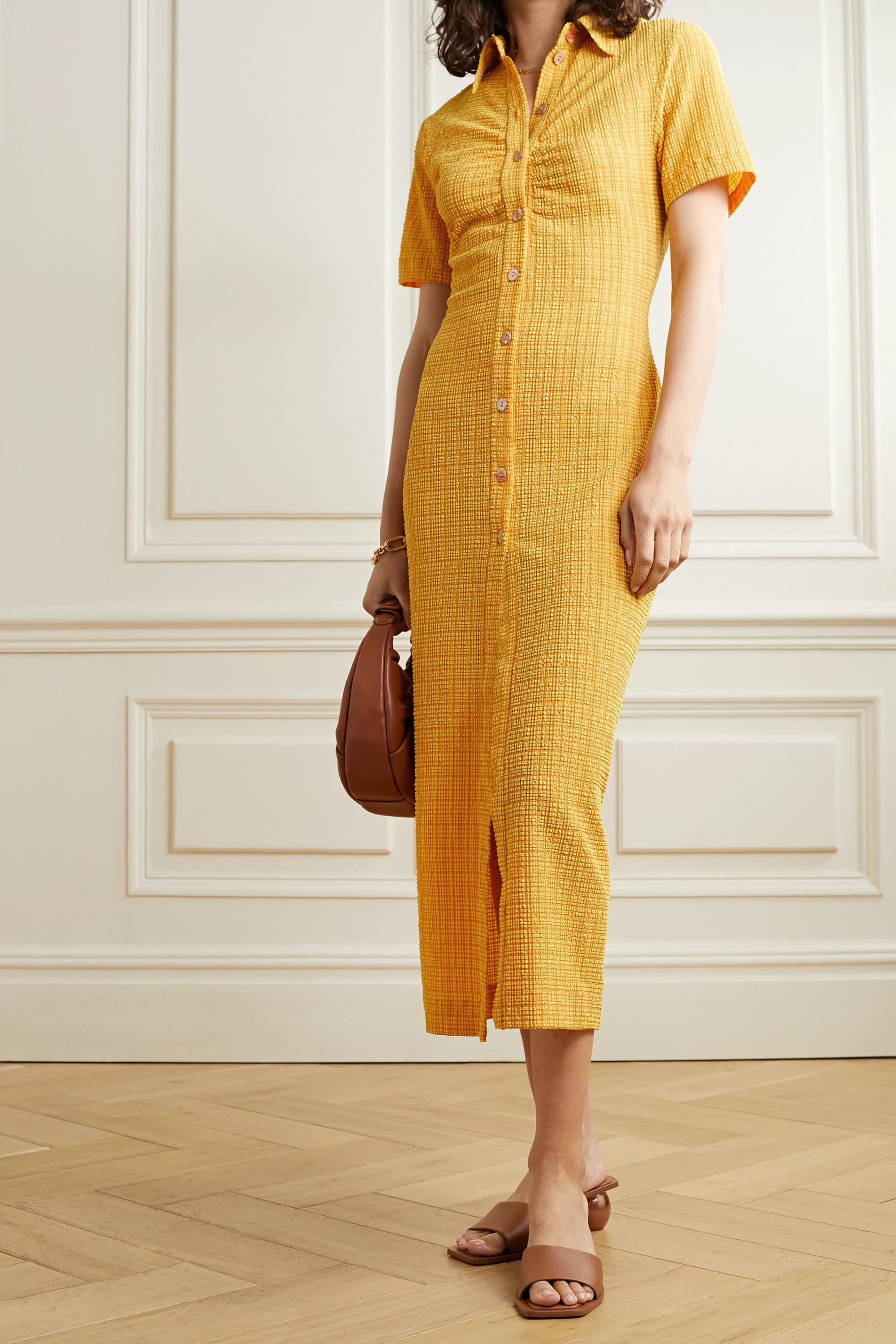 Nanushka + Net Sustain Sabri Ruched Checked Seersucker Shirt Dress in  Yellow | Lyst Australia