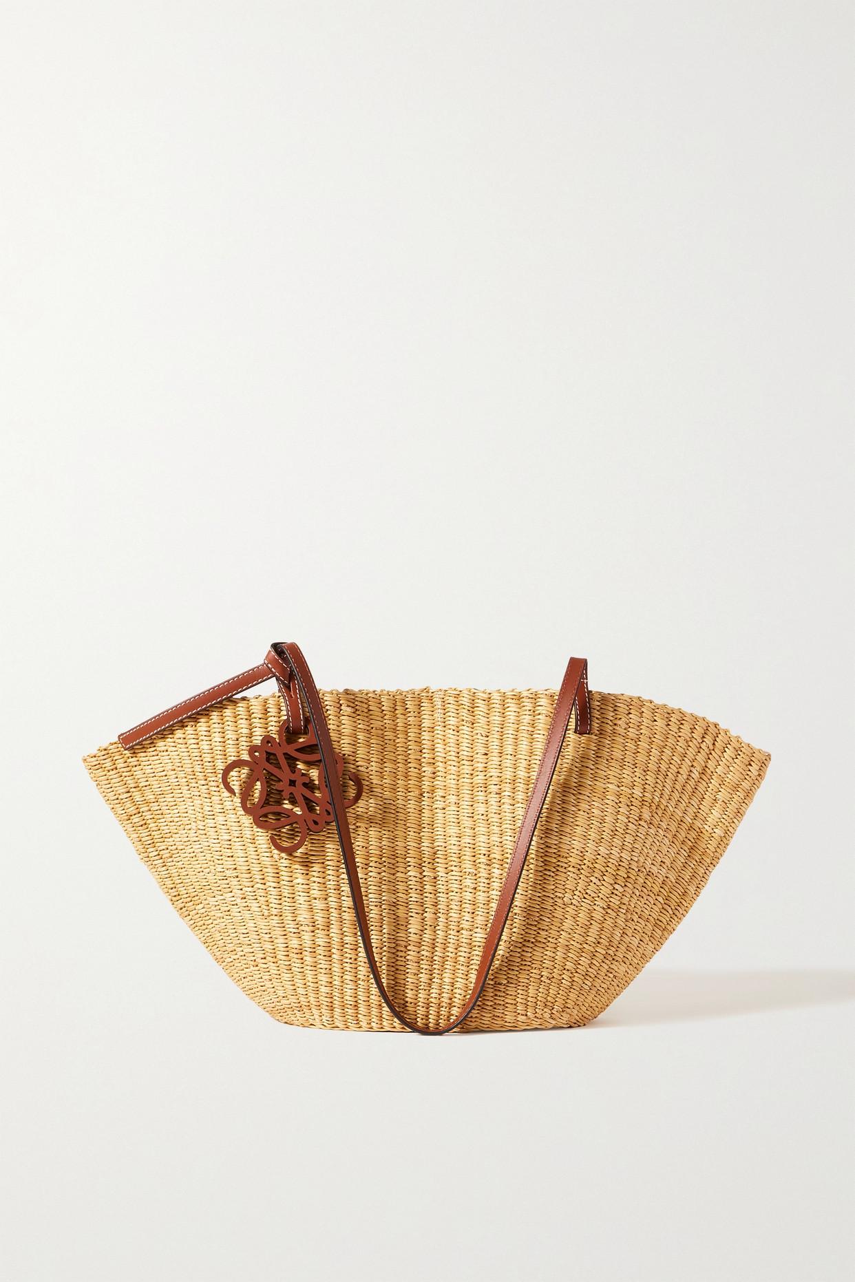 Loewe Shell Small Leather-trimmed Raffia Tote in Brown | Lyst