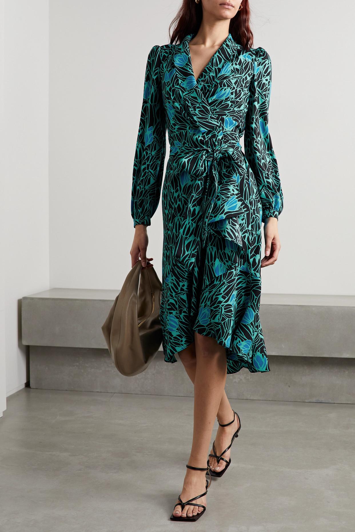 Diane von Furstenberg Carla Asymmetric Floral-print Crepe Wrap Dress in  Green | Lyst